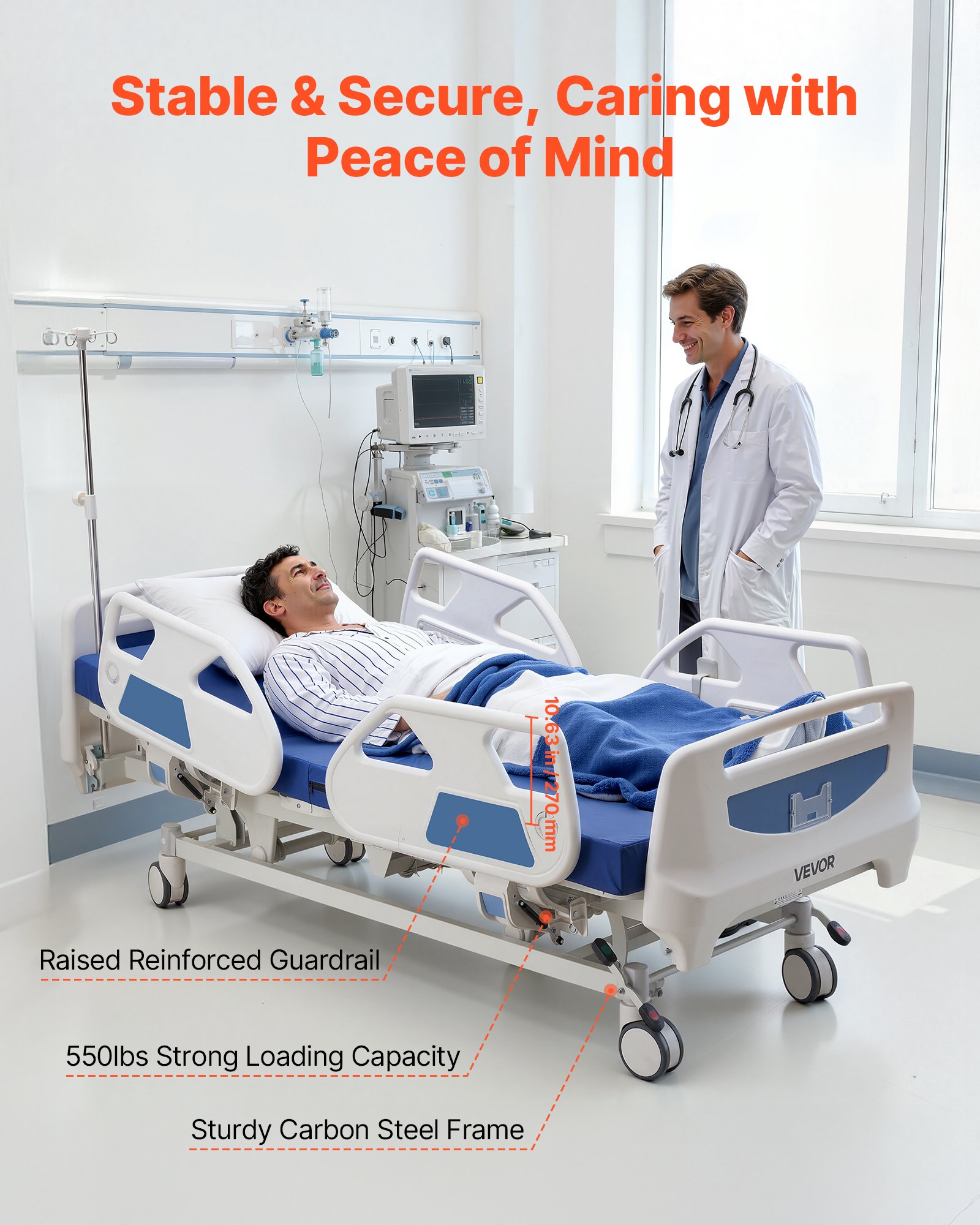 VEVOR Cama de Hospital Eléctrica de 5 Funciones, con Sistema de Cierre Centralizado y Trendelenburg, Cama Médica con Ruedas para Hospitalización en Easa, Capacidad de 250 kg, 217 x 108 x 47-76 cm
