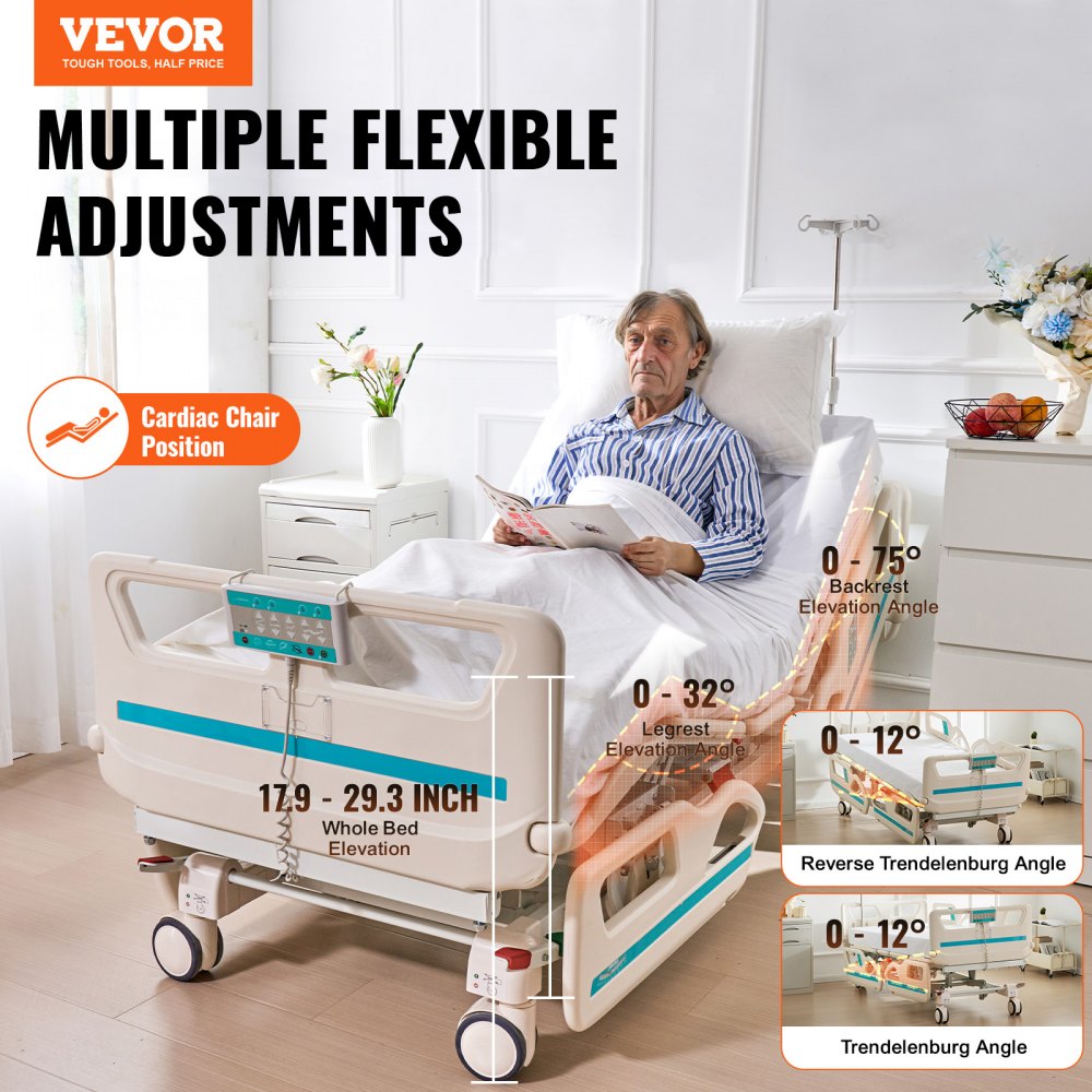 Cama de hospital eléctrica de 5 funciones de primera calidad de VEVOR, cama médica eléctrica para UCI con posición de silla cardíaca, Trendelenburg y Trendelenburg inverso, ruedas de bloqueo de 5 pulgadas para uso en el hospital doméstico, 550 libras