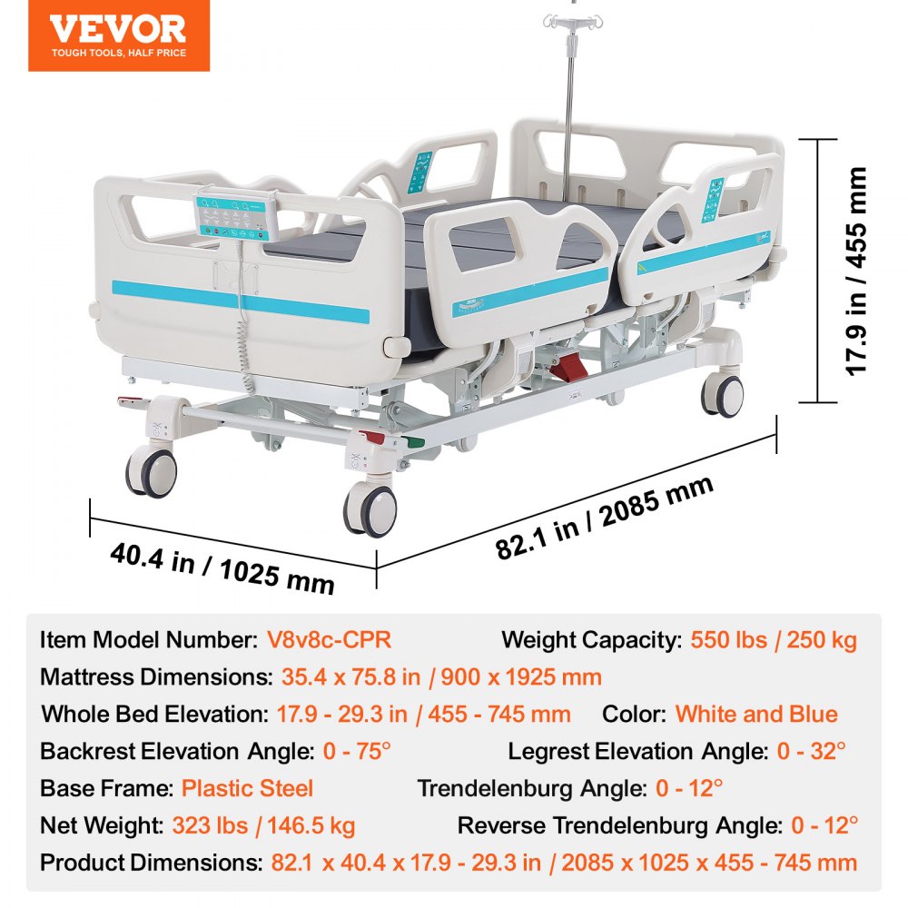 Cama de hospital eléctrica de 5 funciones de primera calidad de VEVOR, cama médica eléctrica para UCI con posición de silla cardíaca, Trendelenburg y Trendelenburg inverso, ruedas de bloqueo de 5 pulgadas para uso en el hospital doméstico, 550 libras