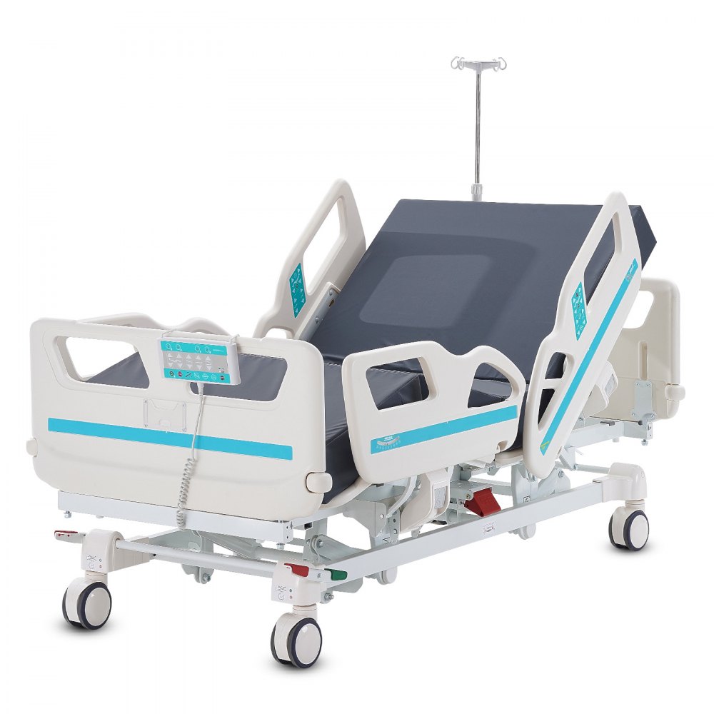 Cama de hospital eléctrica de 5 funciones de primera calidad de VEVOR, cama médica eléctrica para UCI con posición de silla cardíaca, Trendelenburg y Trendelenburg inverso, ruedas de bloqueo de 5 pulgadas para uso en el hospital doméstico, 550 libras