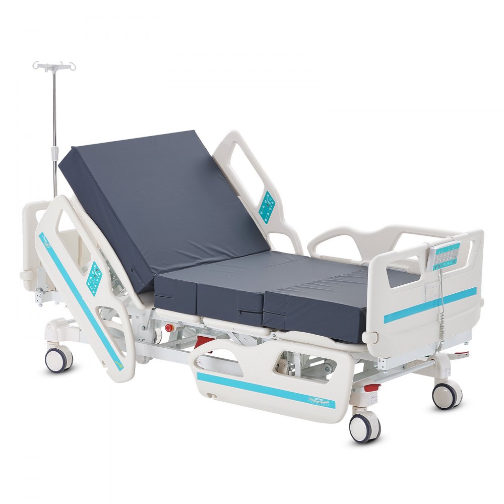 Cama de hospital eléctrica de 5 funciones de primera calidad de VEVOR, cama médica eléctrica para UCI con posición de silla cardíaca, Trendelenburg y Trendelenburg inverso, ruedas de bloqueo de 5 pulgadas para uso en el hospital doméstico, 550 libras