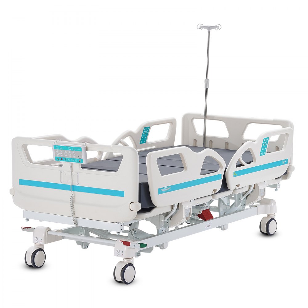 Cama de hospital eléctrica de 5 funciones de primera calidad de VEVOR, cama médica eléctrica para UCI con posición de silla cardíaca, Trendelenburg y Trendelenburg inverso, ruedas de bloqueo de 5 pulgadas para uso en el hospital doméstico, 550 libras