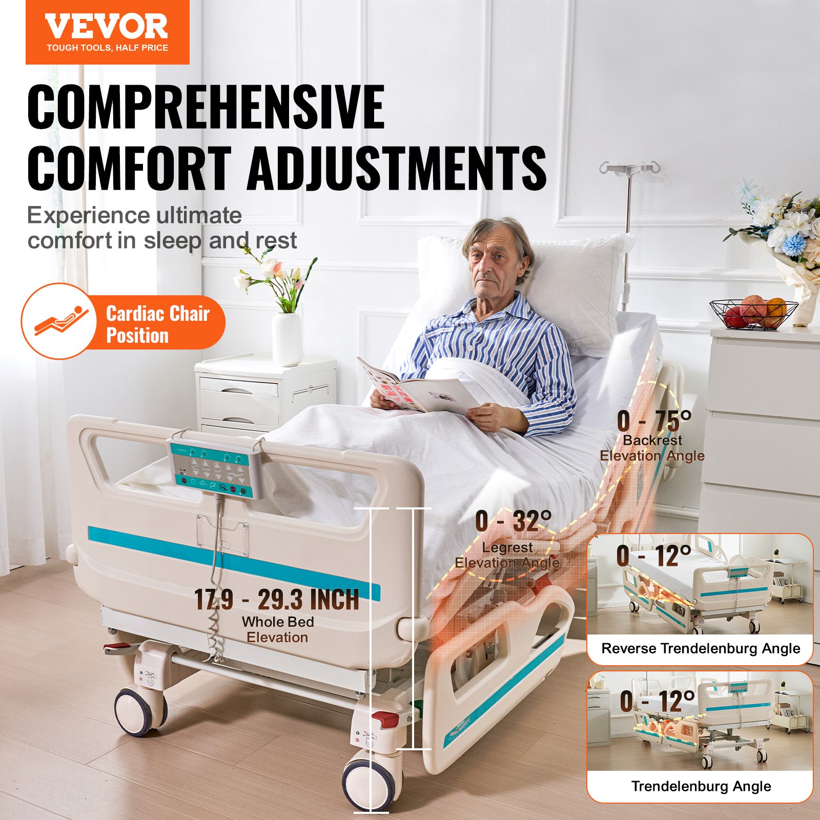VEVOR Premium 5-Function Hospital Bed, Fully Electric Medical Intensive Care Bed with Cardio Chair Position, Trendelenburg and Reverse Trendelenburg, 5-Inch Locking Casters for Home Hospital Use, 550 Pounds