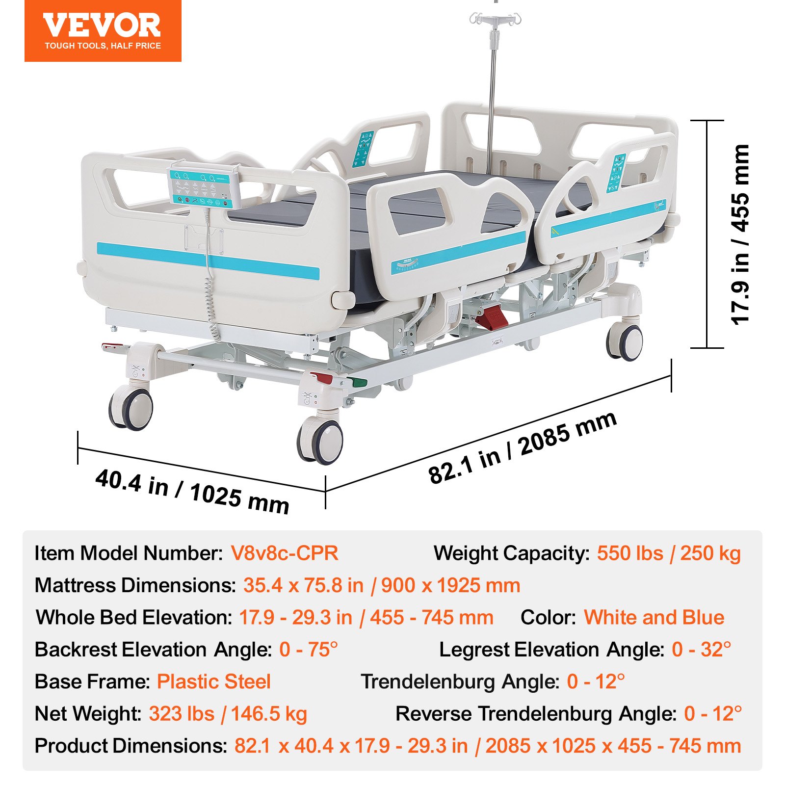 Cama de hospital eléctrica de 5 funciones de primera calidad de VEVOR, cama médica eléctrica para UCI con posición de silla cardíaca, Trendelenburg y Trendelenburg inverso, ruedas de bloqueo de 5 pulgadas para uso en el hospital doméstico, 550 libras