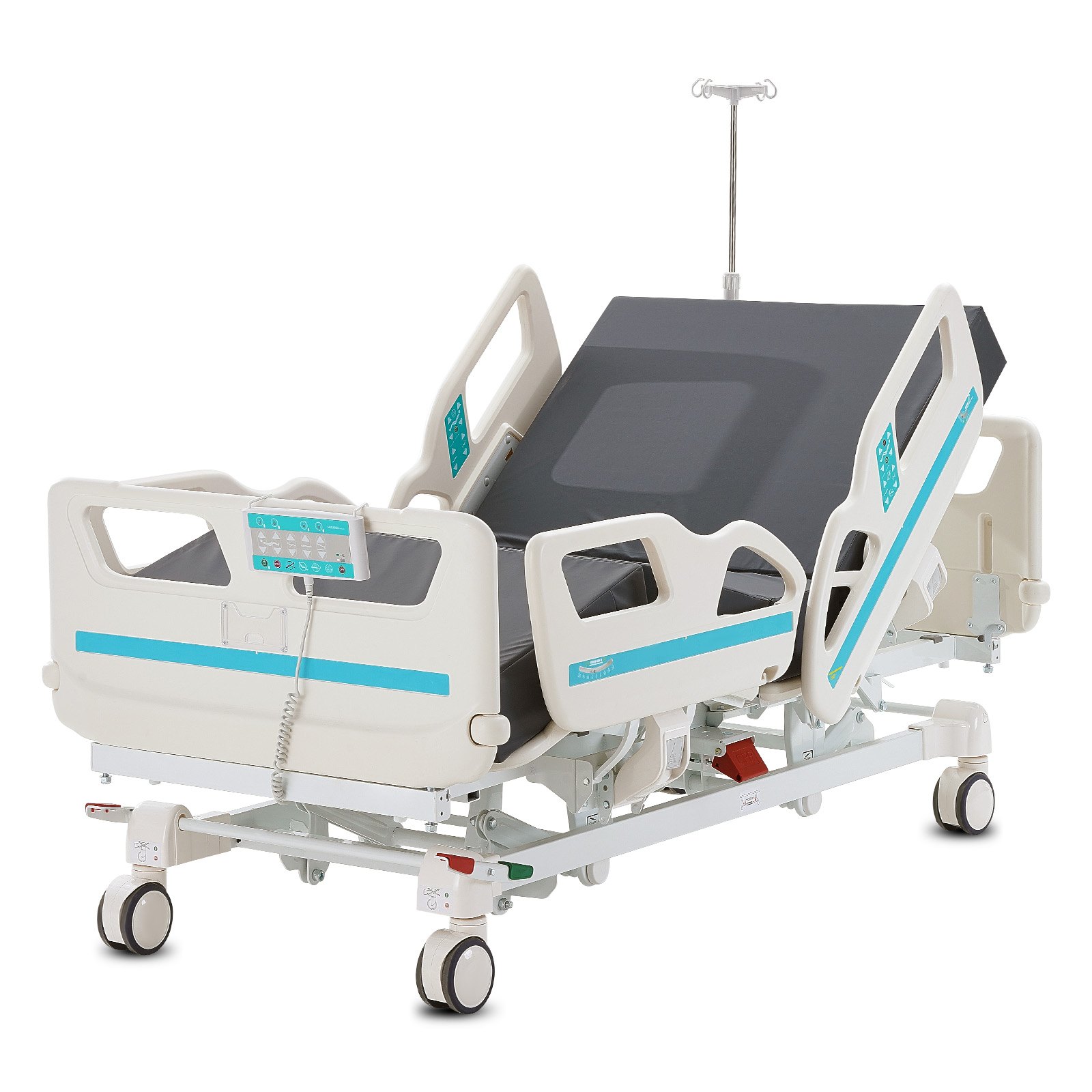 Cama de hospital eléctrica de 5 funciones de primera calidad de VEVOR, cama médica eléctrica para UCI con posición de silla cardíaca, Trendelenburg y Trendelenburg inverso, ruedas de bloqueo de 5 pulgadas para uso en el hospital doméstico, 550 libras