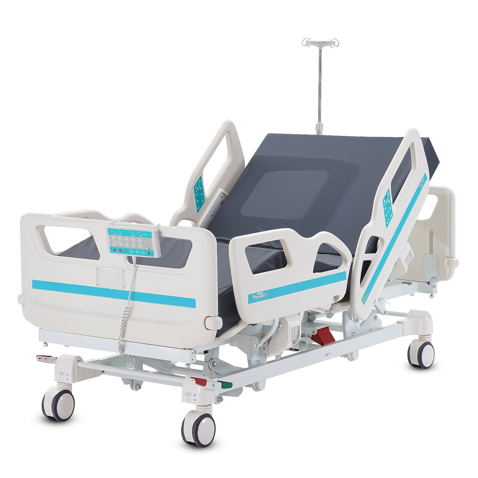 Cama de hospital eléctrica de 5 funciones de primera calidad de VEVOR, cama médica eléctrica para UCI con posición de silla cardíaca, Trendelenburg y Trendelenburg inverso, ruedas de bloqueo de 5 pulgadas para uso en el hospital doméstico, 550 libras