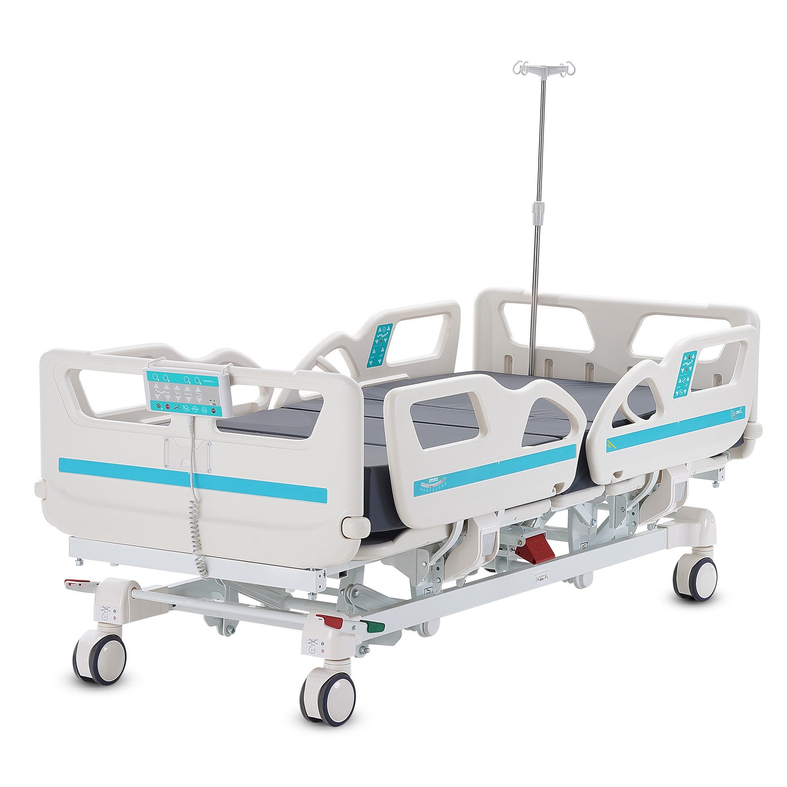 Cama de hospital eléctrica de 5 funciones de primera calidad de VEVOR, cama médica eléctrica para UCI con posición de silla cardíaca, Trendelenburg y Trendelenburg inverso, ruedas de bloqueo de 5 pulgadas para uso en el hospital doméstico, 550 libras
