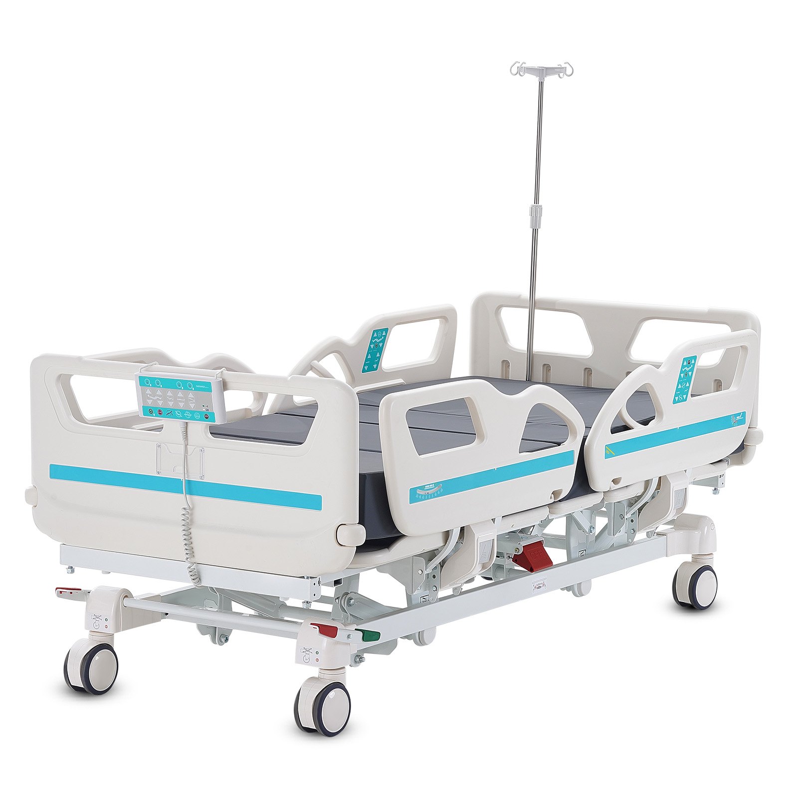 Cama de hospital eléctrica de 5 funciones de primera calidad de VEVOR, cama médica eléctrica para UCI con posición de silla cardíaca, Trendelenburg y Trendelenburg inverso, ruedas de bloqueo de 5 pulgadas para uso en el hospital doméstico, 550 libras