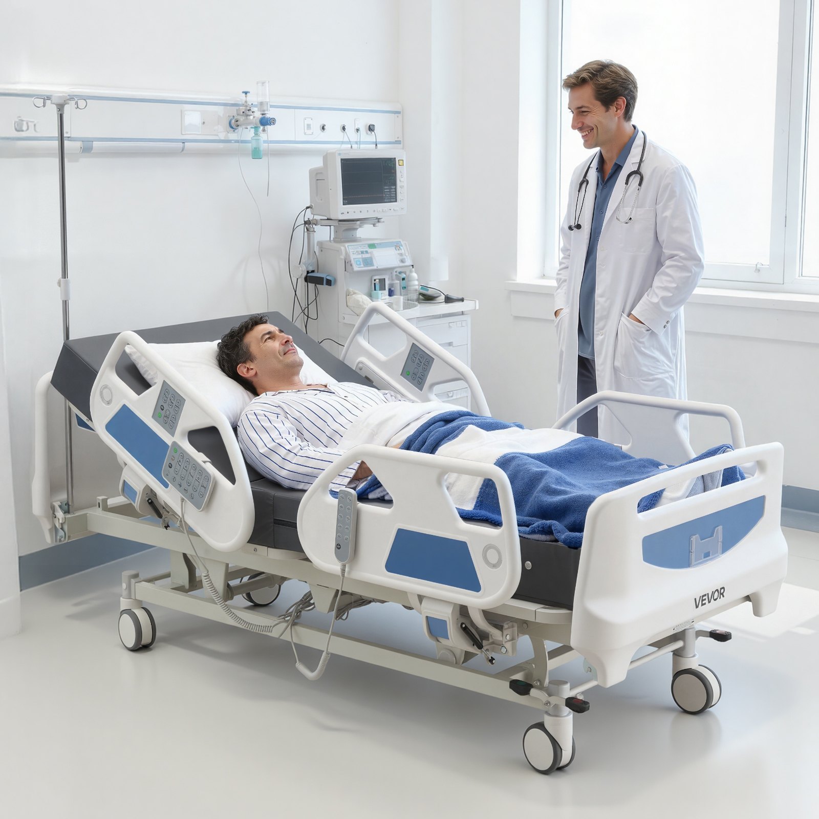 VEVOR Cama de Hospital Eléctrica de 5 Funciones, con Silla Cardíaca Función de RCP y Trendelenburg, Sistema de Cierre Centralizado con Ruedas para Hospitalización en Easa, Capacidad de 250 kg