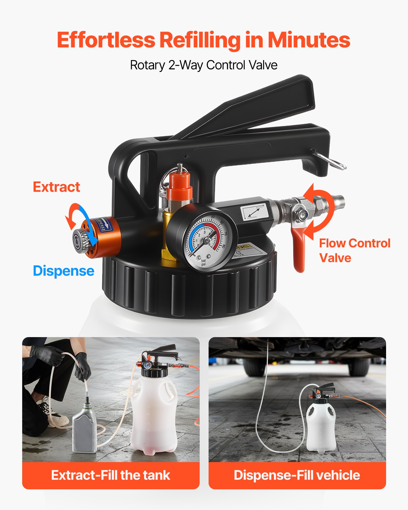 VEVOR Bomba de Transferencia para Líquido de Transmisión Neumática Capacidad de 8 L, Bomba Extractora para Aceite, con Adaptadores de ATF, Tanque HDPE, Dispensador de Aceite para Coches Barcos Motos