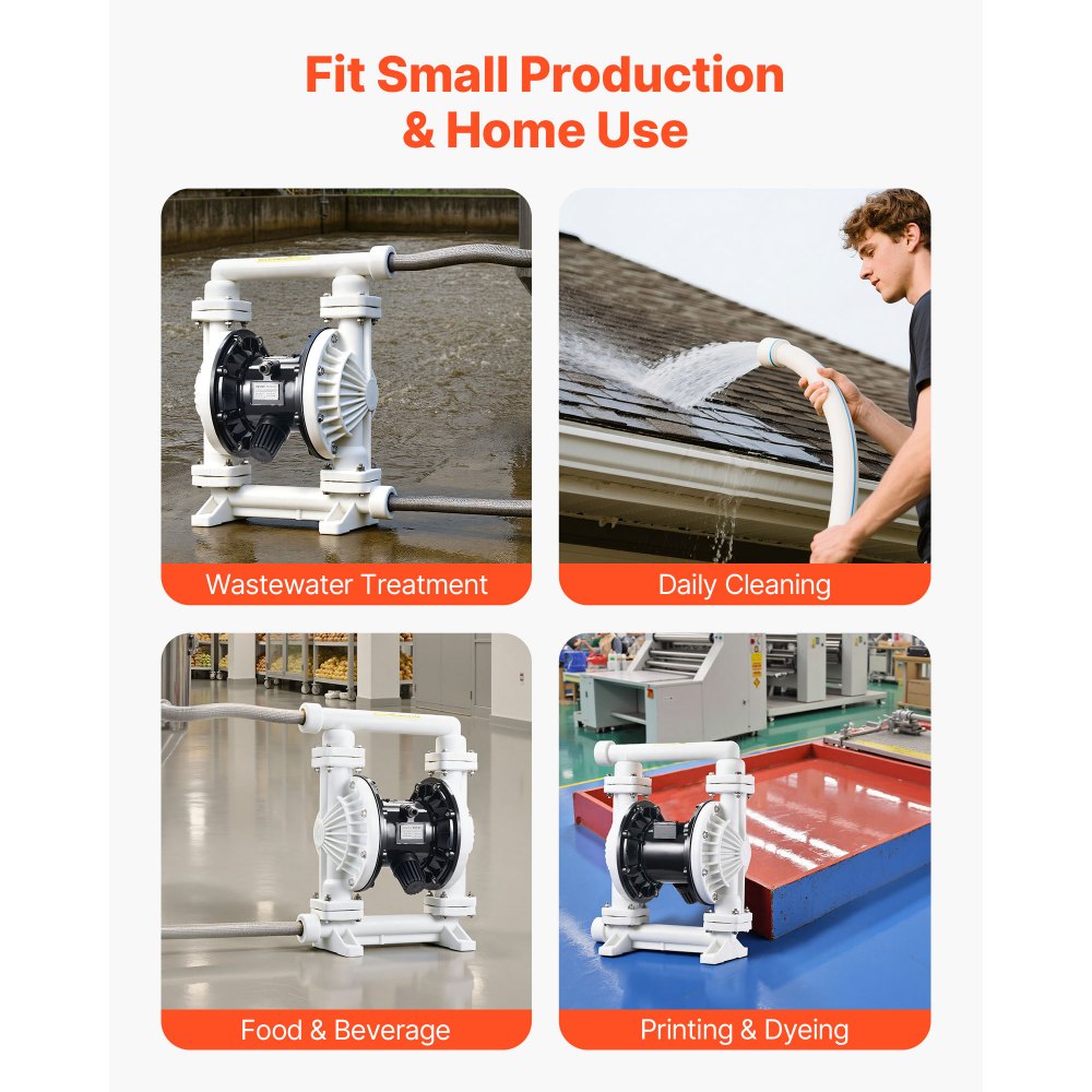VEVOR Air Operated Double Diaphragm Pump, 94.64 LPM Max, Standard Inlet & Outlet Air Pneumatic Waste Oil Transfer Pump, Polypropylene Body, Dual Diaphragms, for Diesel, Grease, Kerosene, Gasoline