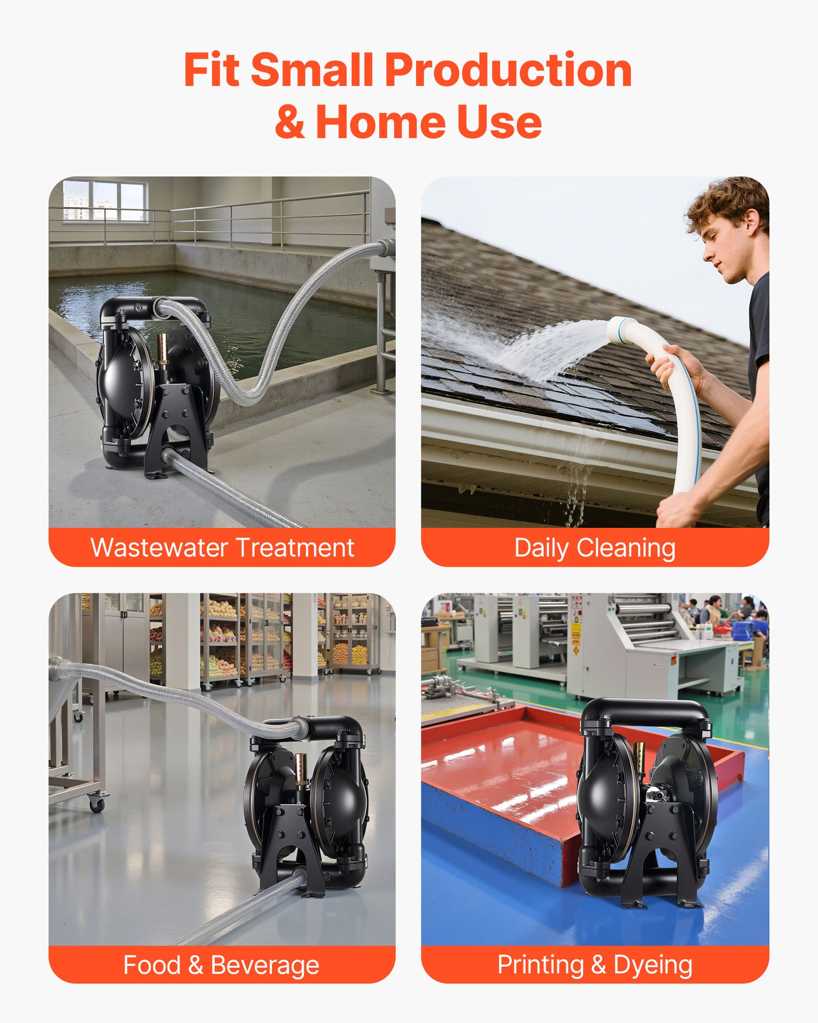 VEVOR Bomba Neumática de Doble Diafragma, 132 L/min, Entrada y Salida de 25,4 mm, para Transferencia de Aceite Usado, Carcasa de Aleación de Aluminio, para Diésel, Grasa, Queroseno y Gasolina