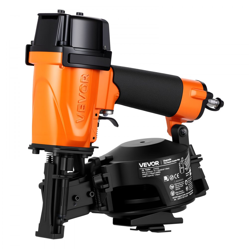 VEVOR Clavadora Neumática de Bobina CN45N, Pistola Neumática hasta 120 Clavos para 19 a 45 mm, 15 Grados, 4 a 5 Clavos por Segundo, 4,8–7,5 bar, Ajuste de Profundidad, para Techos Madera Construcción
