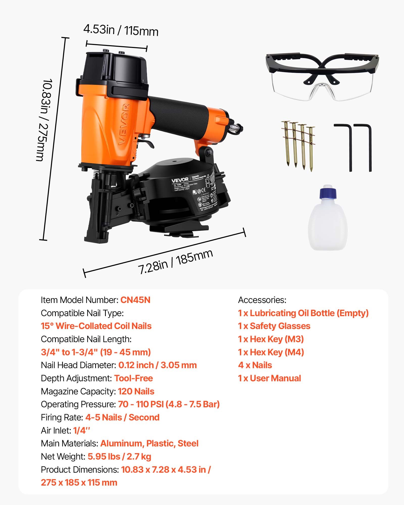VEVOR Clavadora Neumática de Bobina CN45N, Pistola Neumática hasta 120 Clavos para 19 a 45 mm, 15 Grados, 4 a 5 Clavos por Segundo, 4,8–7,5 bar, Ajuste de Profundidad, para Techos Madera Construcción