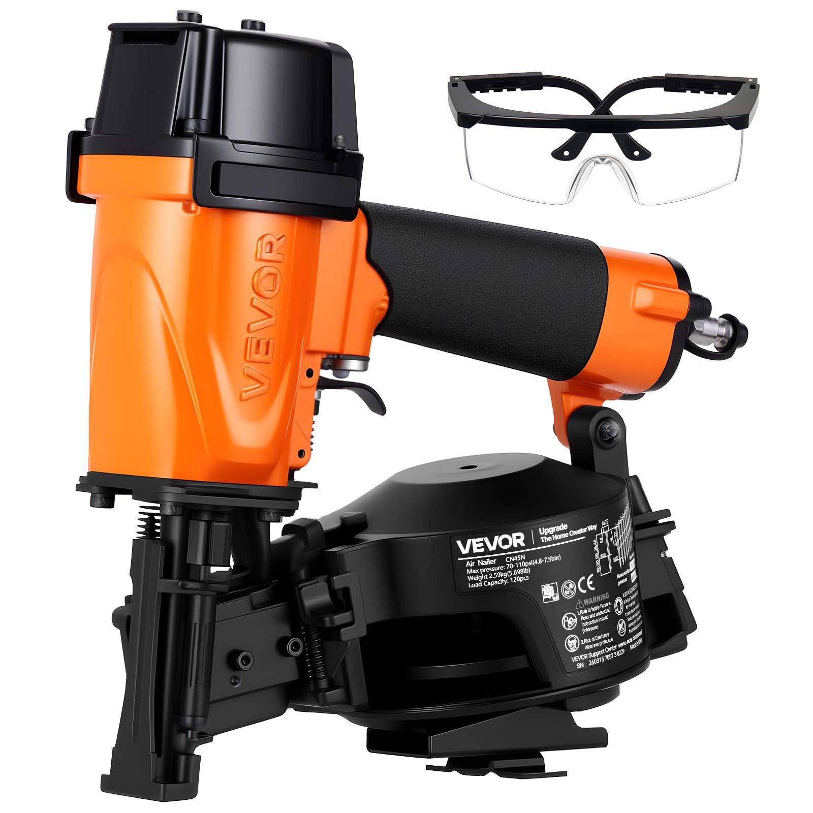 VEVOR Clavadora Neumática de Bobina CN45N, Pistola Neumática hasta 120 Clavos para 19 a 45 mm, 15 Grados, 4 a 5 Clavos por Segundo, 4,8–7,5 bar, Ajuste de Profundidad, para Techos Madera Construcción
