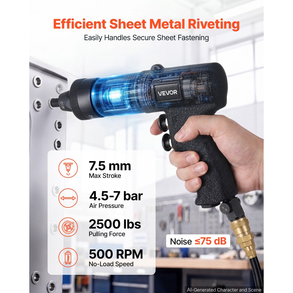 VEVOR Remachadora Neumática para Tuercas Remachables M5-M10 11,1 kN 7,5 mm, con 20 Mandriles, 4 Cabezales, Maletín y Doble Interruptor de Avance y Retroceso para Automoción, Maquinaria y Renovación