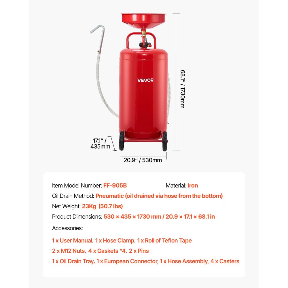 VEVOR Tanque de Drenaje de Aceite Usado, Drenaje de Aceite Portátil Neumático de 95 L con Embudo Ajustable y Ruedas, Drenador de Combustible Líquido para Taller de Reparación de Automóviles, Rojo