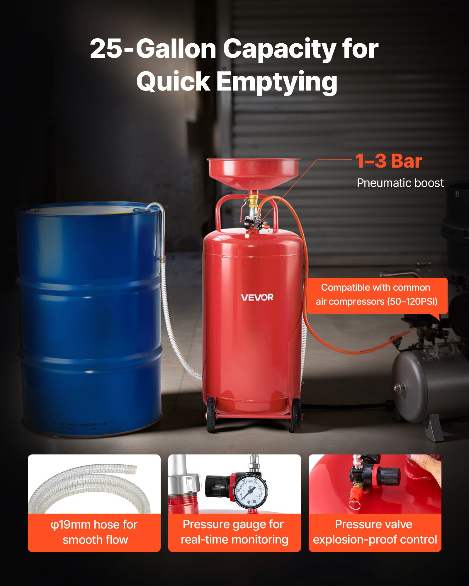 VEVOR Tanque de Drenaje de Aceite Usado, Drenaje de Aceite Portátil Neumático de 95 L con Embudo Ajustable y Ruedas, Drenador de Combustible Líquido para Taller de Reparación de Automóviles, Rojo