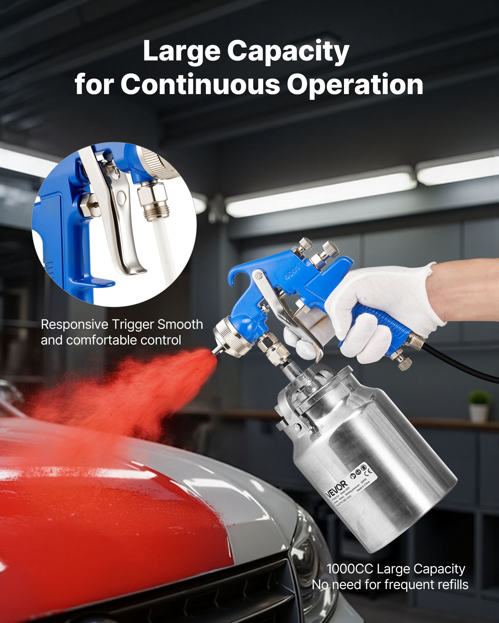 VEVOR Siphon Feed Spray Gun, High Atomization Air Paint Spray Gun, 1000cc Automotive Paint Sprayer with 1.8 mm Nozzle, Adjustable Flow Rate & Air Volume for Car, Furniture, Wall, House Painting