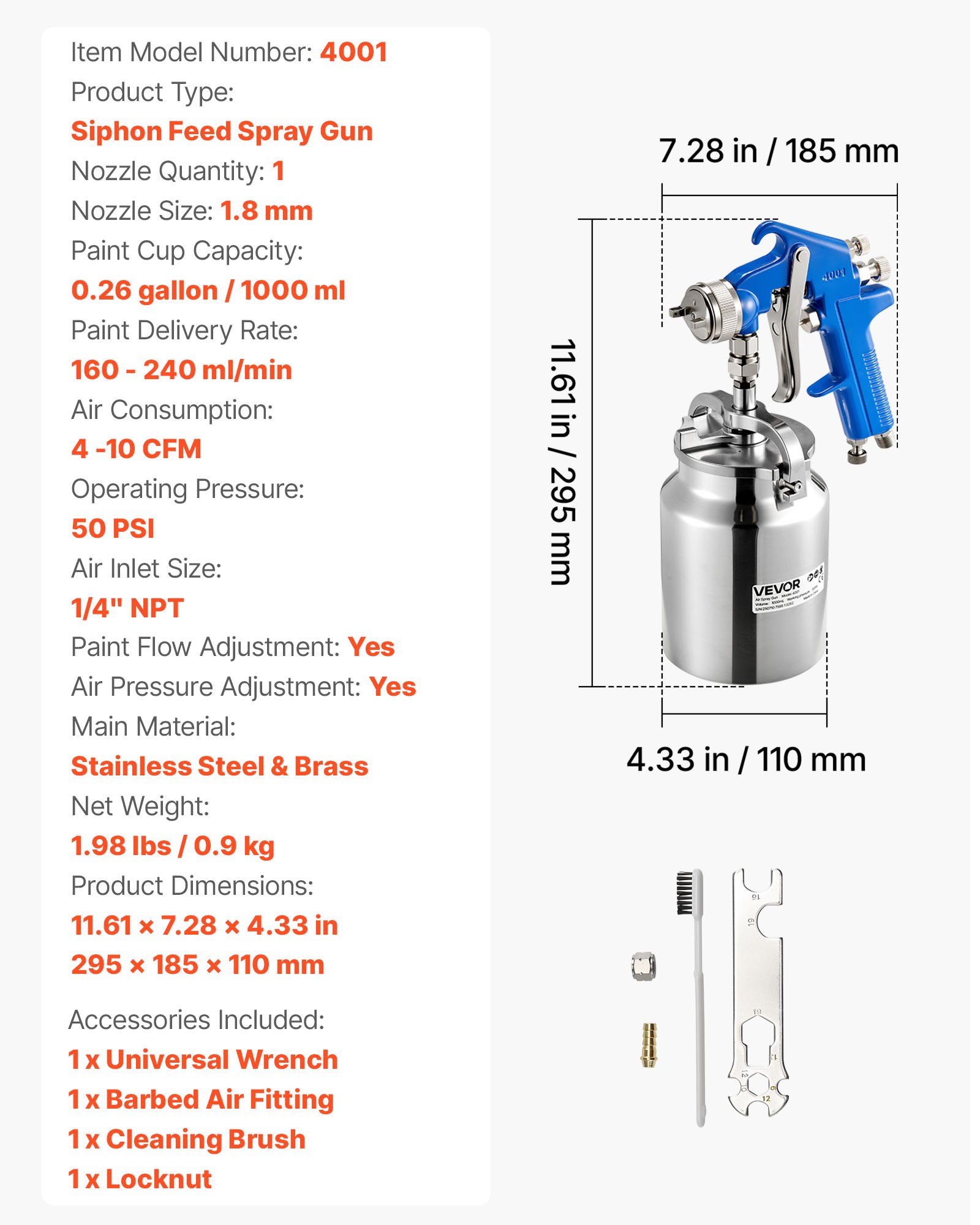 VEVOR Siphon Feed Spray Gun, High Atomization Air Paint Spray Gun, 1000cc Automotive Paint Sprayer with 1.8 mm Nozzle, Adjustable Flow Rate & Air Volume for Car, Furniture, Wall, House Painting