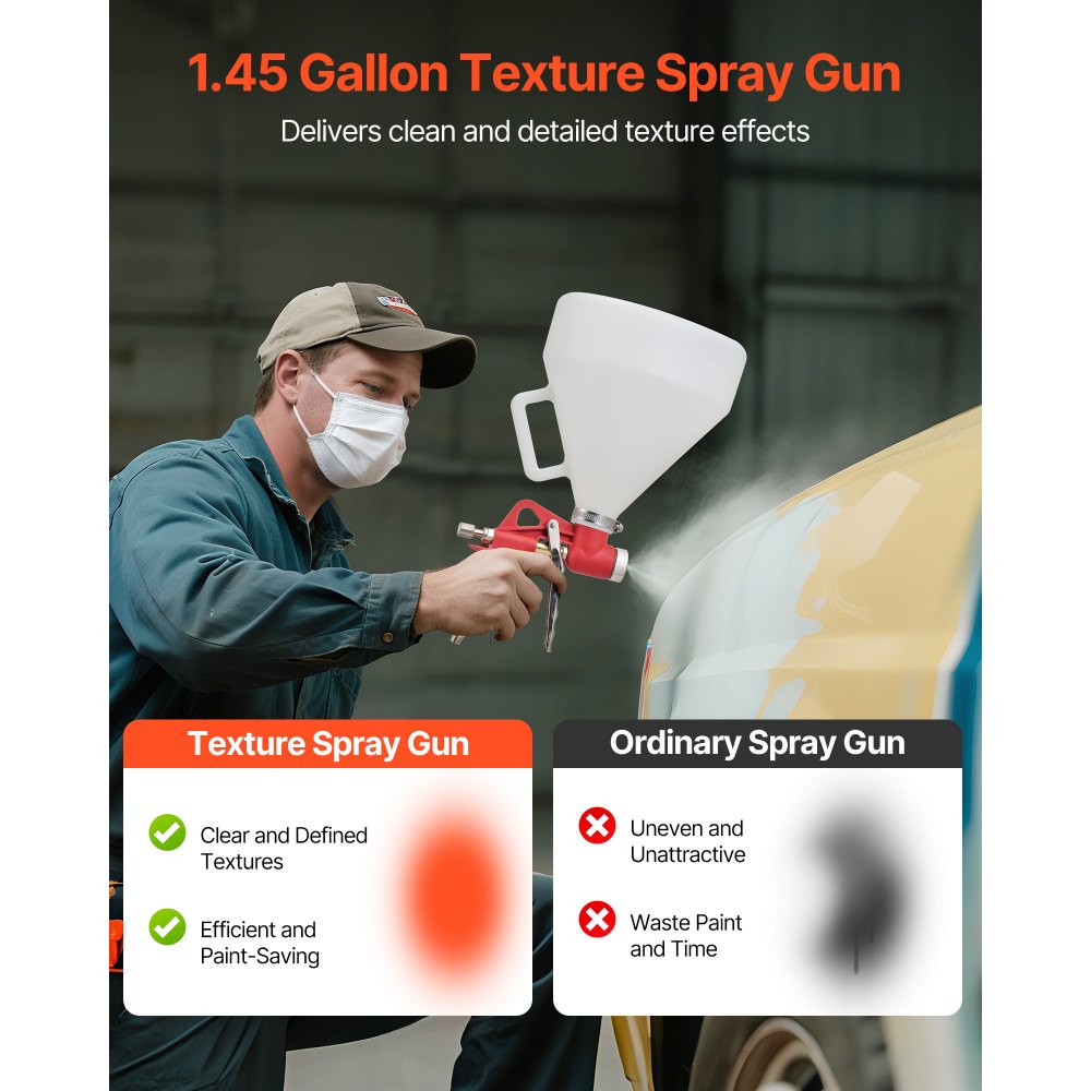 VEVOR Pistola Pulverizadora Neumática de Pintura Texturizada, Tolva 4,5 L, 3 Boquillas 3,5 mm, 6 mm y 8 mm, con Aire Comprimido para Texturas de Palomitas de Maíz, Derribo y Cáscara de Naranja