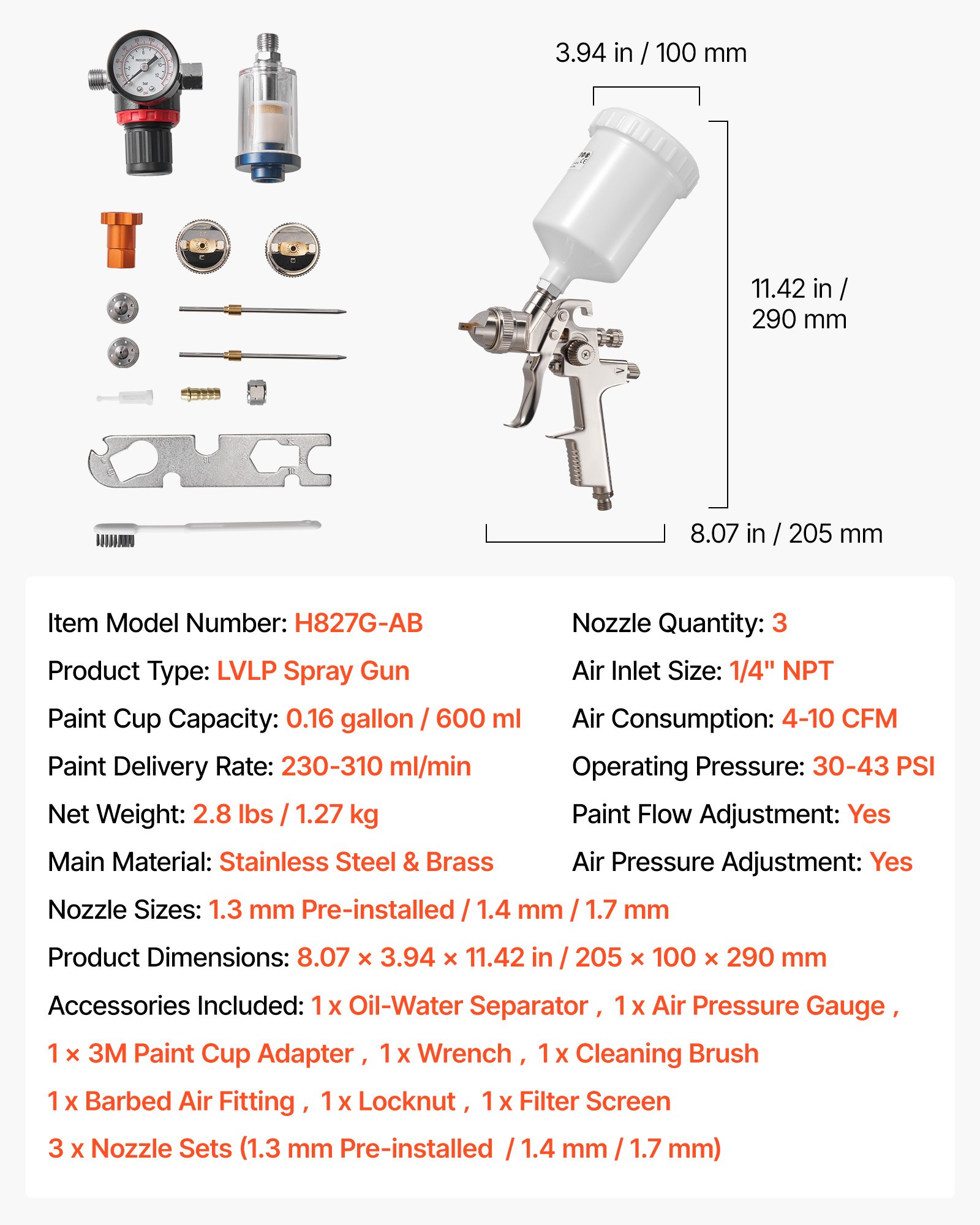 VEVOR LVLP Air Spray Gun, Gravity Feed Paint Sprayer Gun with 3 Nozzles (1.3/1.4/1.7mm), 600ml Capacity Automotive Paint Sprayer with Air Regulator for Furniture, Car Painting, Home Improvement