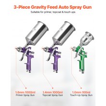 VEVOR Kit de 3 Pistolas Pulverizadoras de Pintura por Gravedad, 3 Boquillas 1,0/1,4/1,8 mm, Pistola Pulverizadora de Pintura de Aire Comprimido para Muebles Coches, Hierro Inoxidable y Aluminio