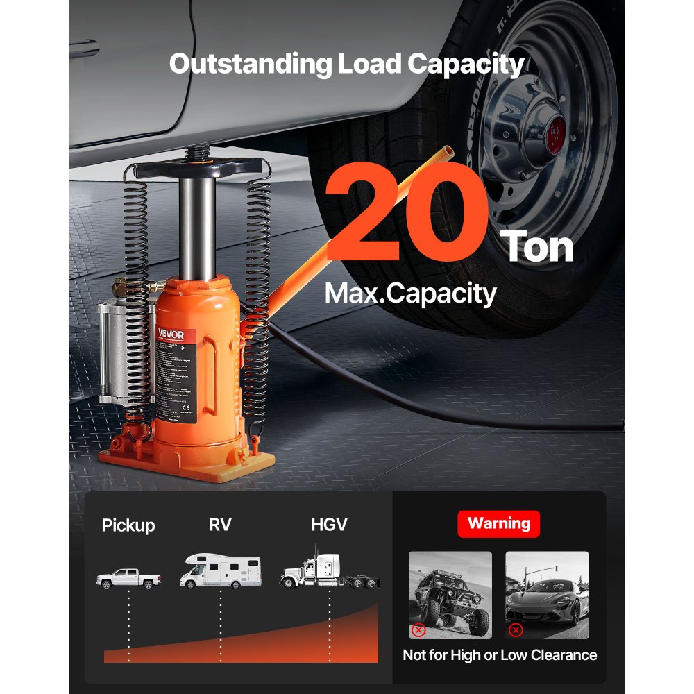VEVOR Gato Neumático de Botella, Capacidad 20 T, Rango de Elevación 260 a 495 mm, con Bomba para SUV, Camionetas Pickup, Autocaravanas y Reparaciones de Automóviles, 235 x 155 x 260 mm, Naranja
