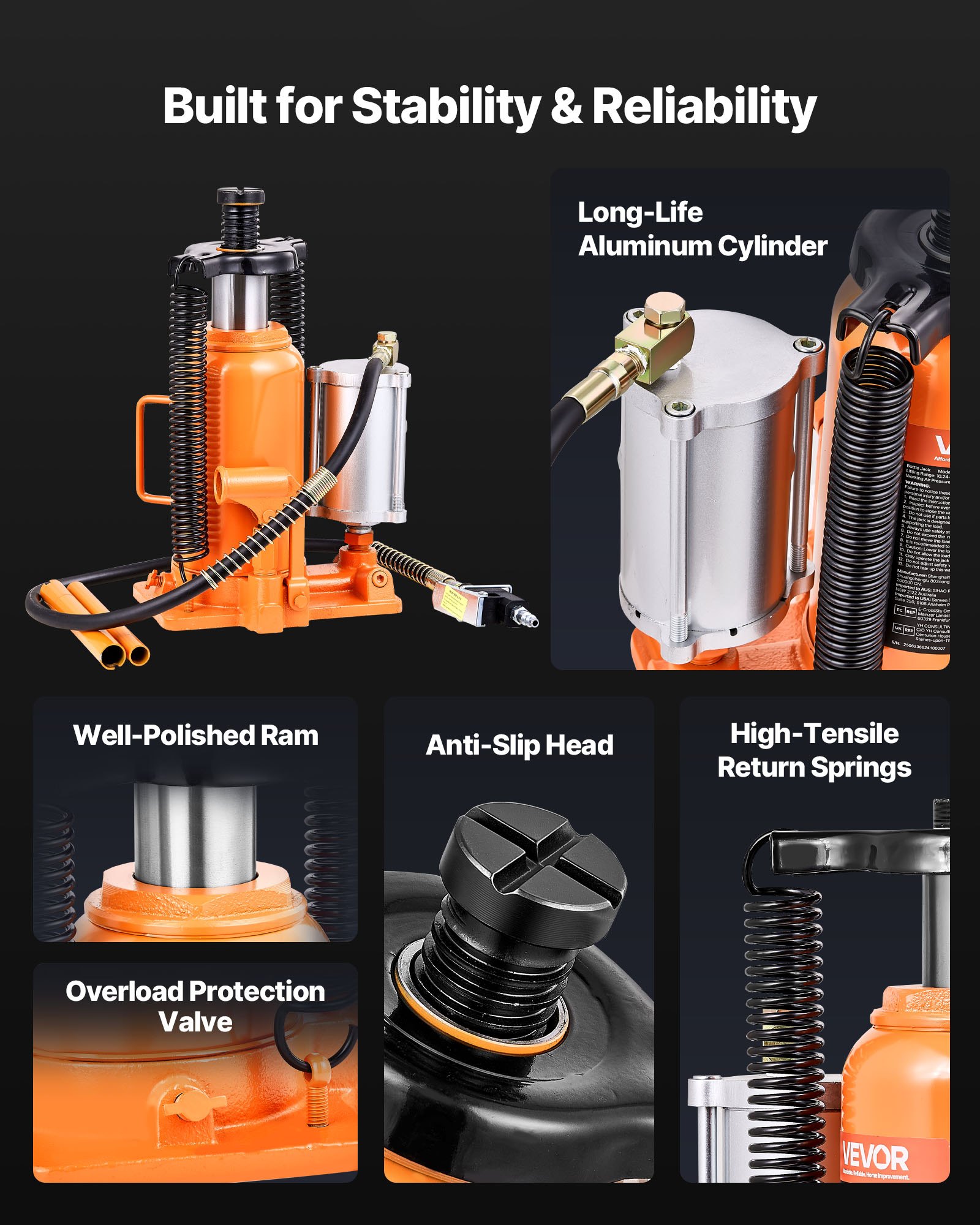 VEVOR Gato Neumático de Botella, Capacidad 20 T, Rango de Elevación 260 a 495 mm, con Bomba para SUV, Camionetas Pickup, Autocaravanas y Reparaciones de Automóviles, 235 x 155 x 260 mm, Naranja