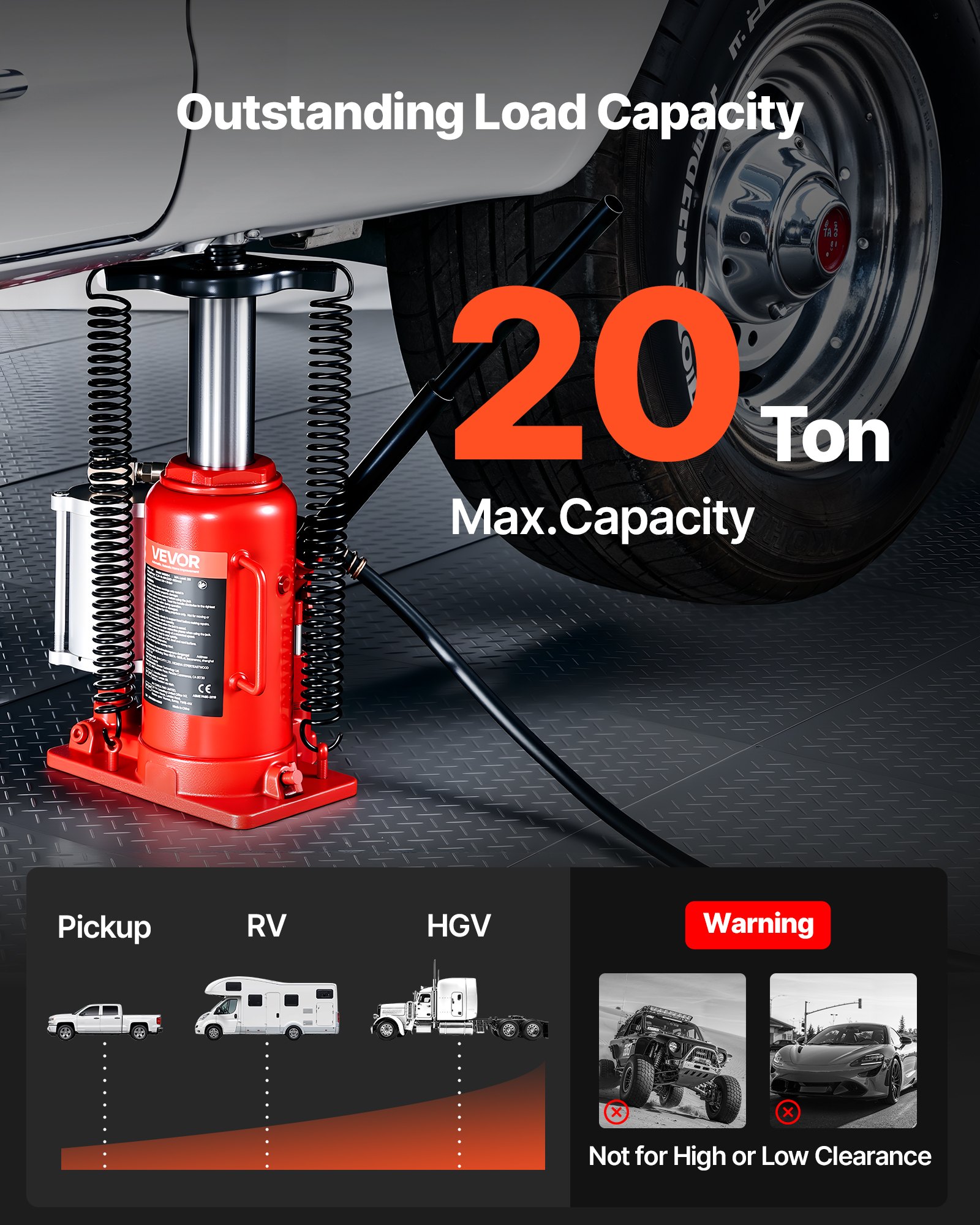 VEVOR Gato Hidráulico de Botella, Capacidad 20 T, Rango de Elevación 260-495 mm, Neumático/Manual, Resistente, Soldado, con Bomba para Automóviles, Camionetas, Vehículos Recreativos, SUV, Rojo