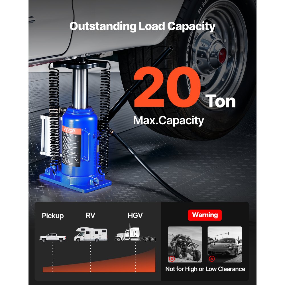 VEVOR Gato Hidráulico de Botella, Capacidad 20 T, Rango de Elevación 260-495 mm, Neumático/Manual, Resistente, Soldado, con Bomba para Automóviles, Camionetas, Vehículos Recreativos, SUV, Azul