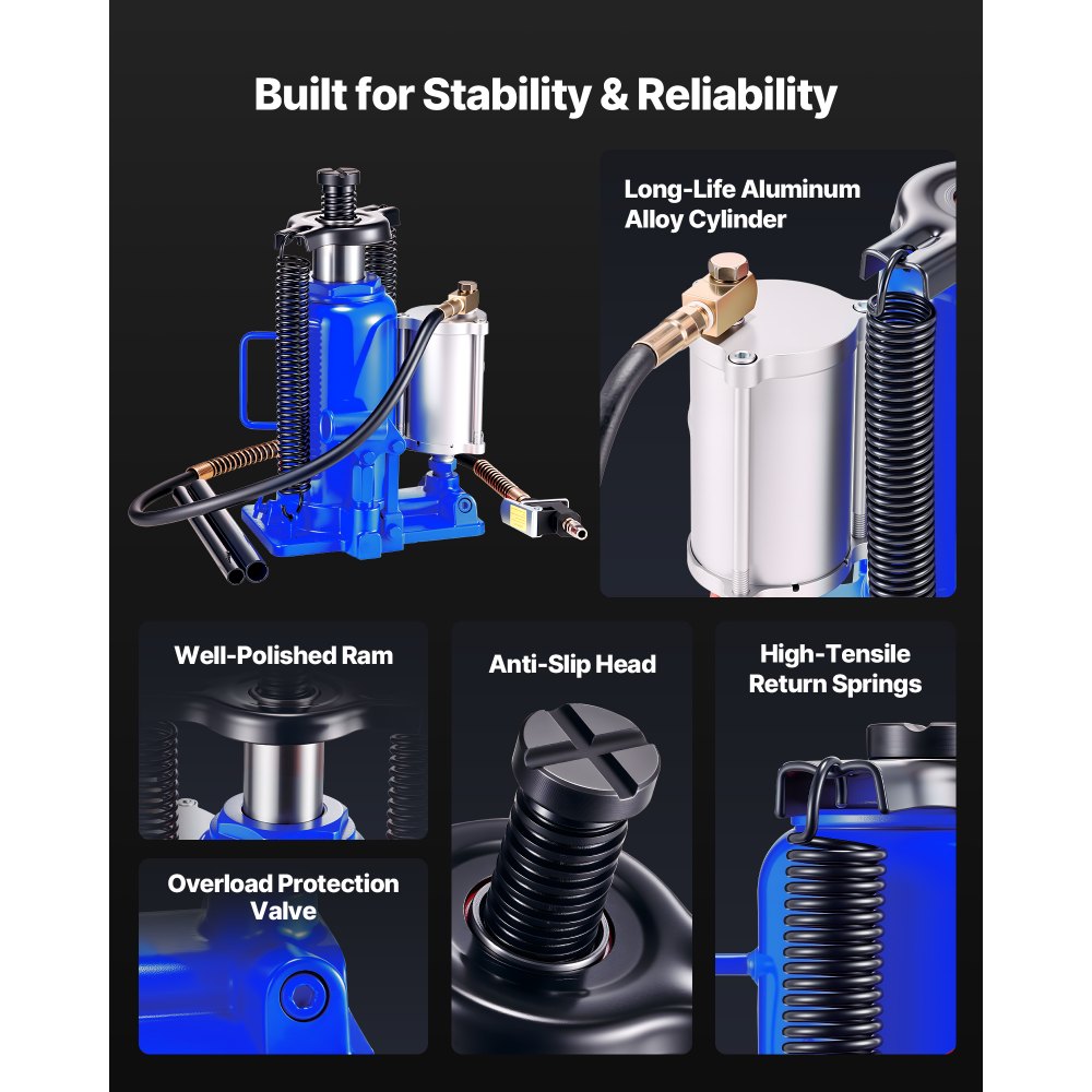 VEVOR Gato Hidráulico de Botella, Capacidad 20 T, Rango de Elevación 260-495 mm, Neumático/Manual, Resistente, Soldado, con Bomba para Automóviles, Camionetas, Vehículos Recreativos, SUV, Azul