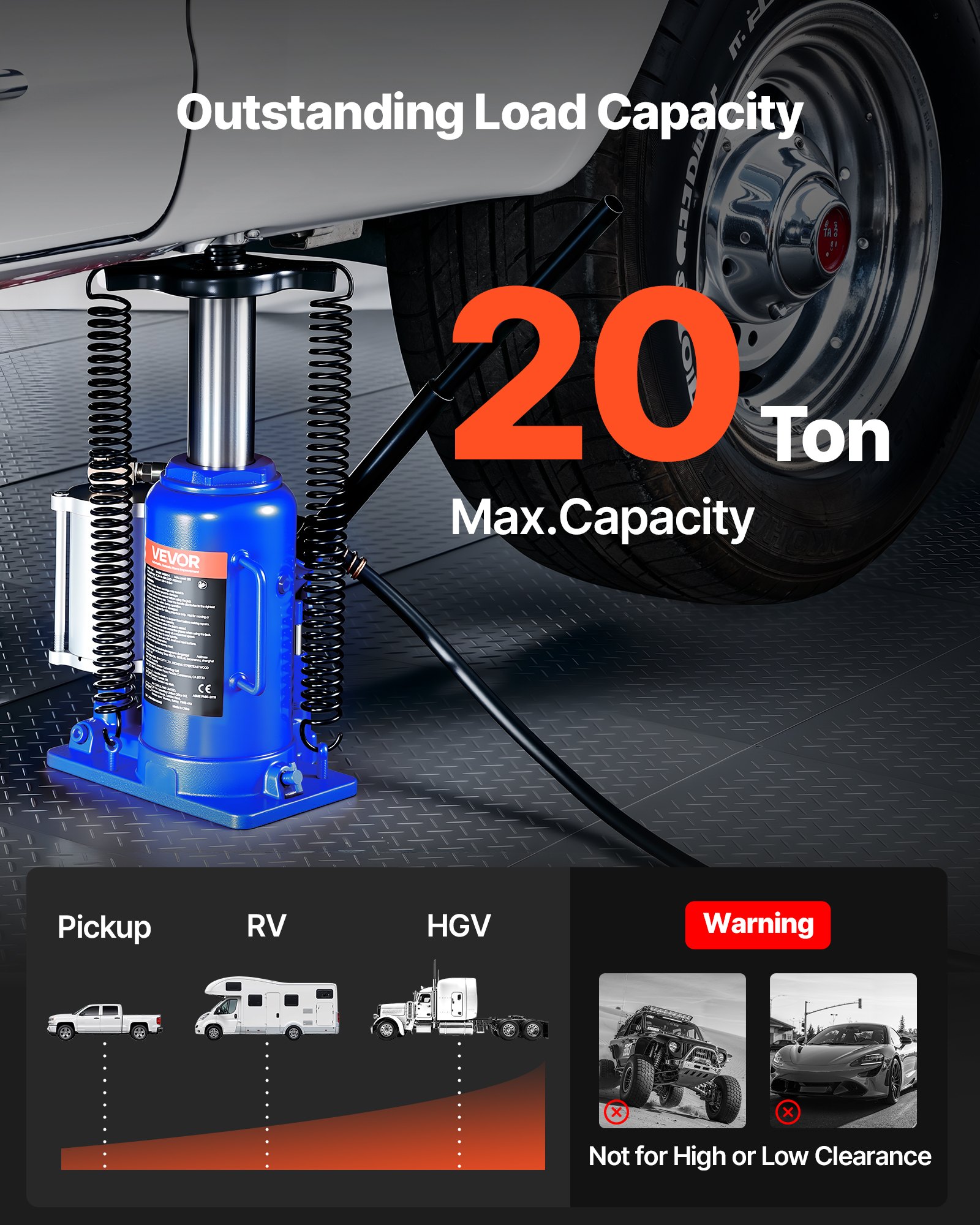 VEVOR Gato Hidráulico de Botella, Capacidad 20 T, Rango de Elevación 260-495 mm, Neumático/Manual, Resistente, Soldado, con Bomba para Automóviles, Camionetas, Vehículos Recreativos, SUV, Azul