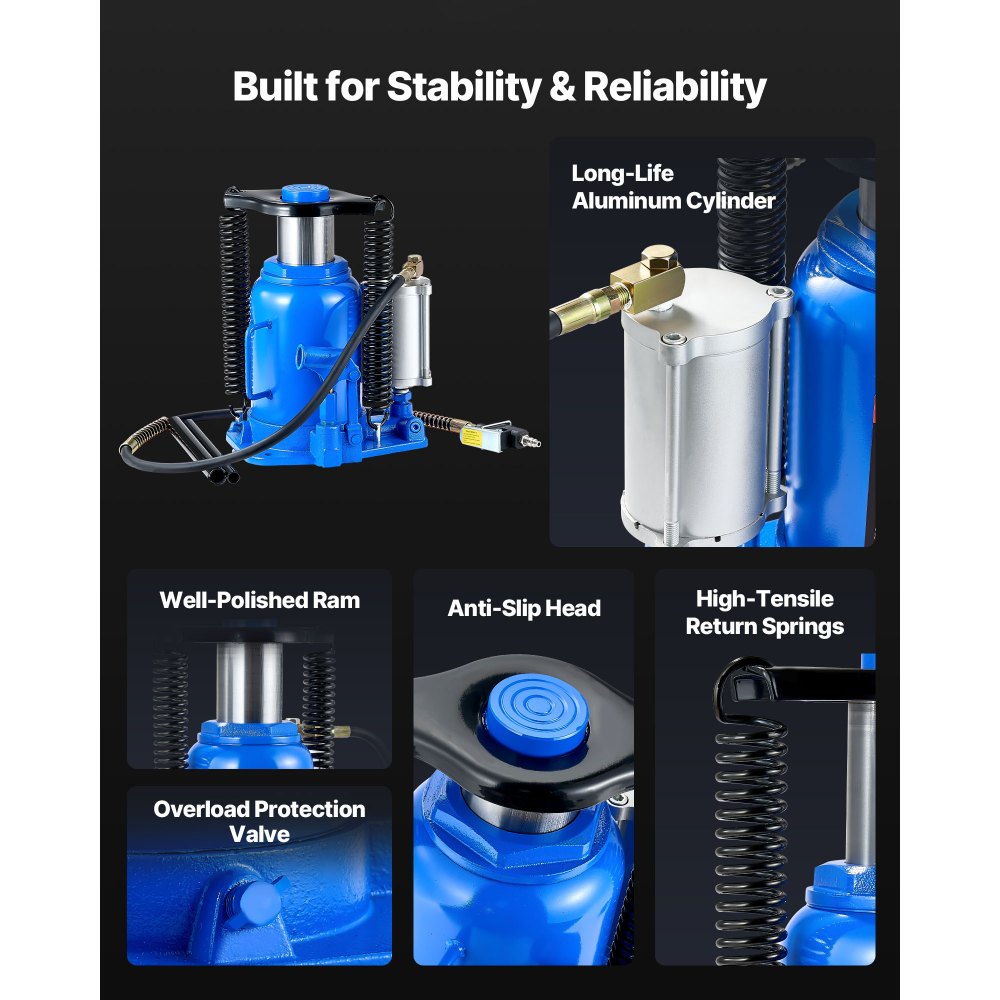 VEVOR Gato Neumático, Capacidad de Elevación 32 T, Rango de Elevación 255–415 mm, con Bomba para SUV, Camionetas, Autocaravanas, Reparación de Automóviles, Azul, 265 x 195 x 255 mm, 0,9–1,2 MPa