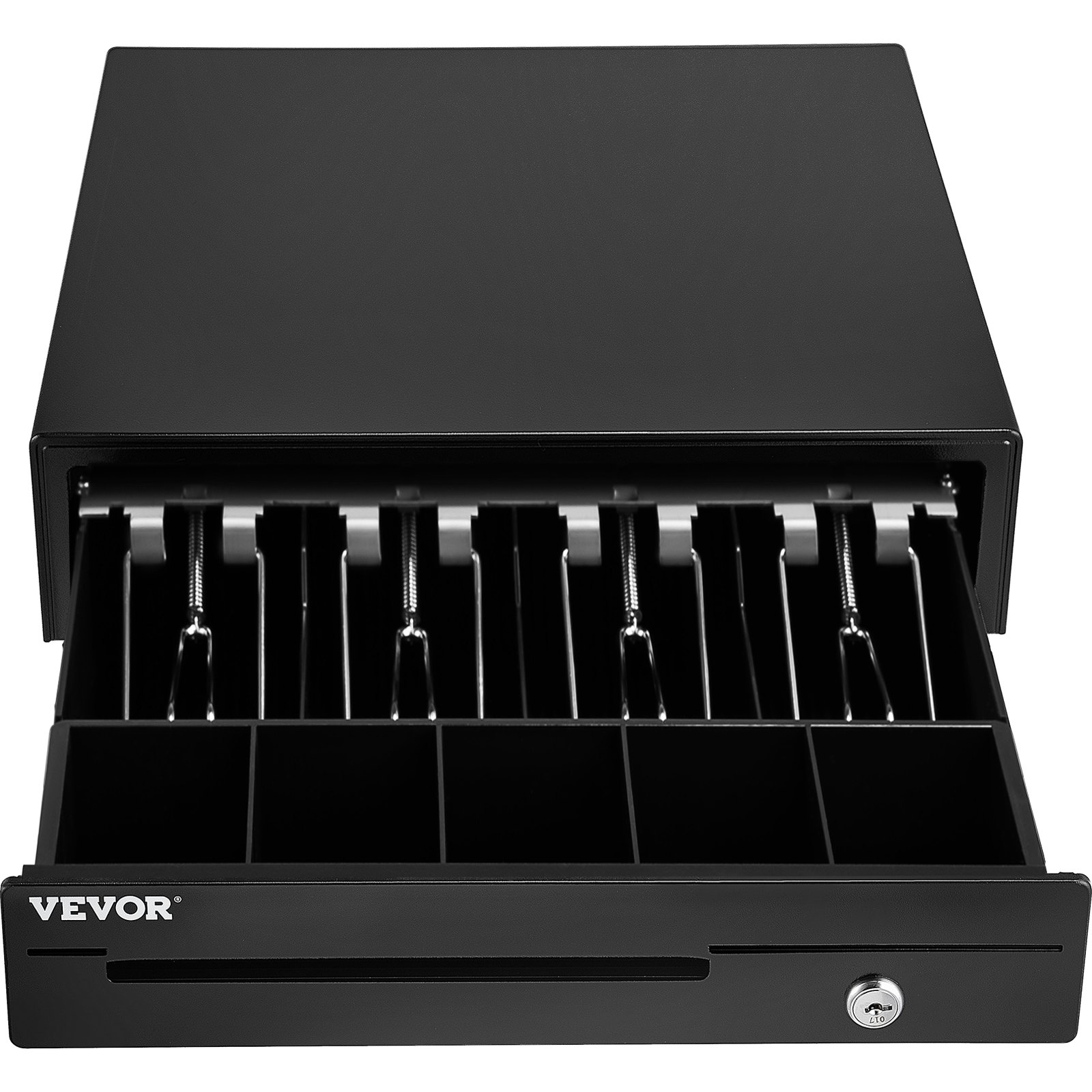 Cajón de caja registradora VEVOR con compartimentos abiertos y cerradura con llave en un elegante diseño negro.