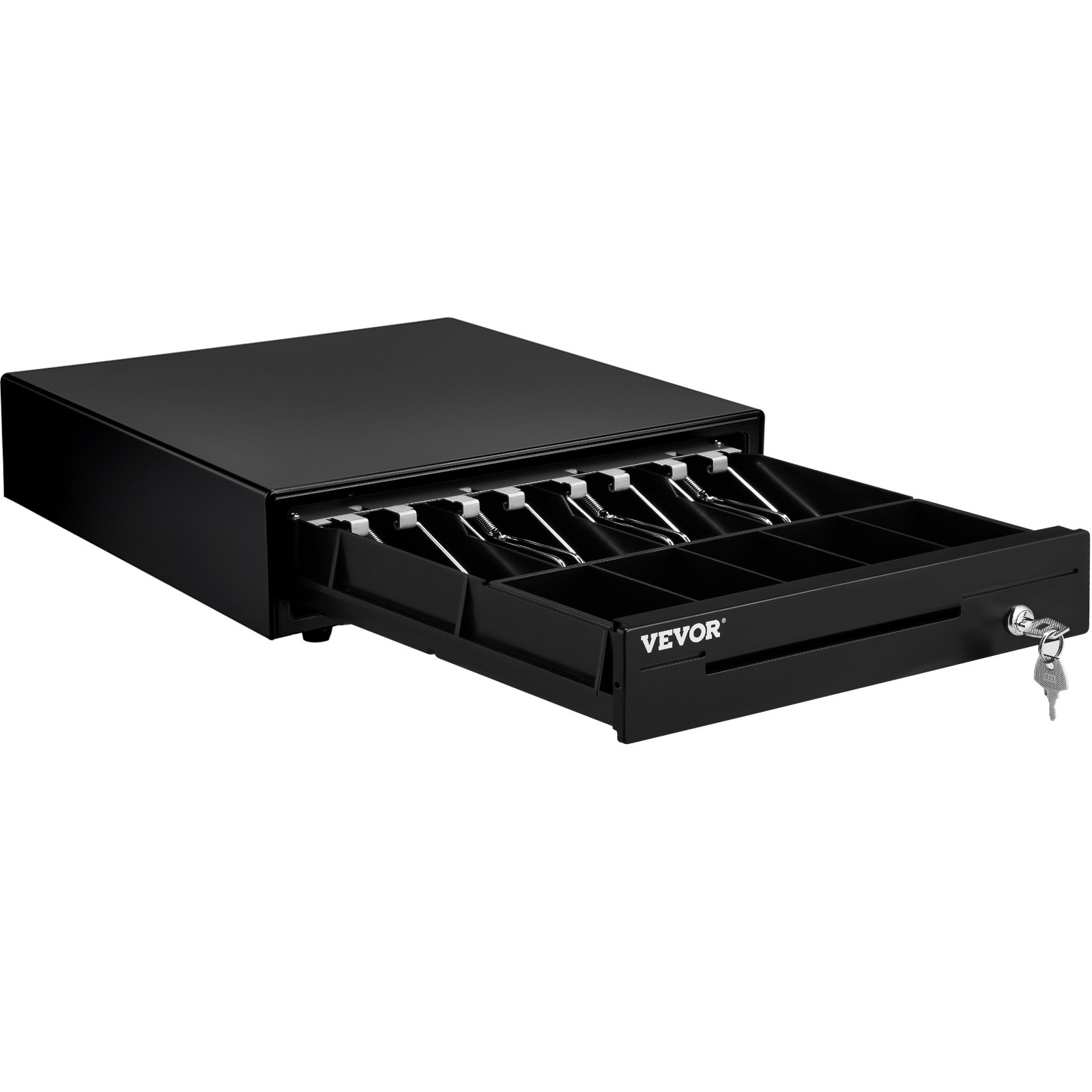 Cajón registrador de caja negra VEVOR con compartimentos abiertos y cerradura con llave.