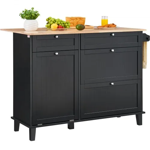 VEVOR - Carrito de cocina con isla, barra de desayuno de madera de 50" con gabinete para basura, inclinable, 10 galones de almacenamiento, mesa de comedor estilo granja con hojas abatibles, barra para toallas, cajón, color negro