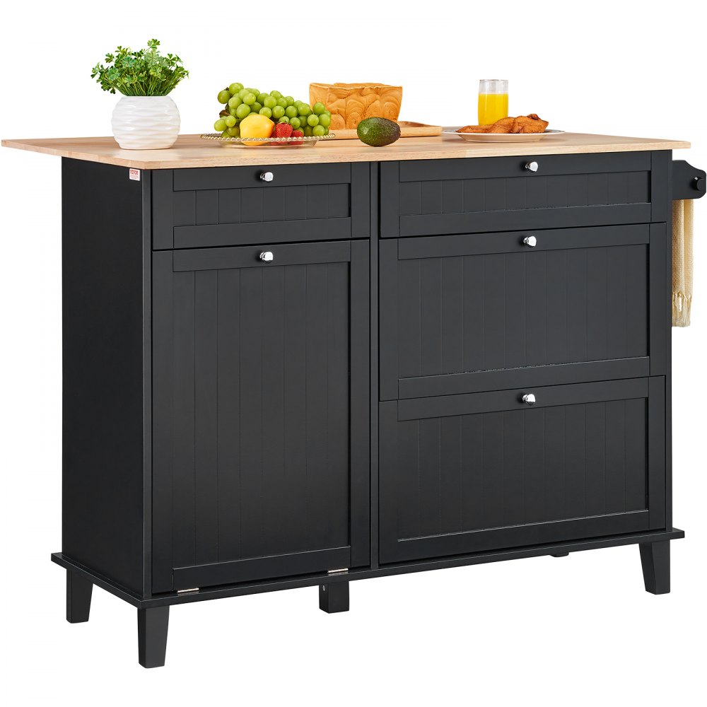 VEVOR - Carrito de cocina con isla, barra de desayuno de madera de 50" con gabinete para basura, inclinable, 10 galones de almacenamiento, mesa de comedor estilo granja con hojas abatibles, barra para toallas, cajón, color negro
