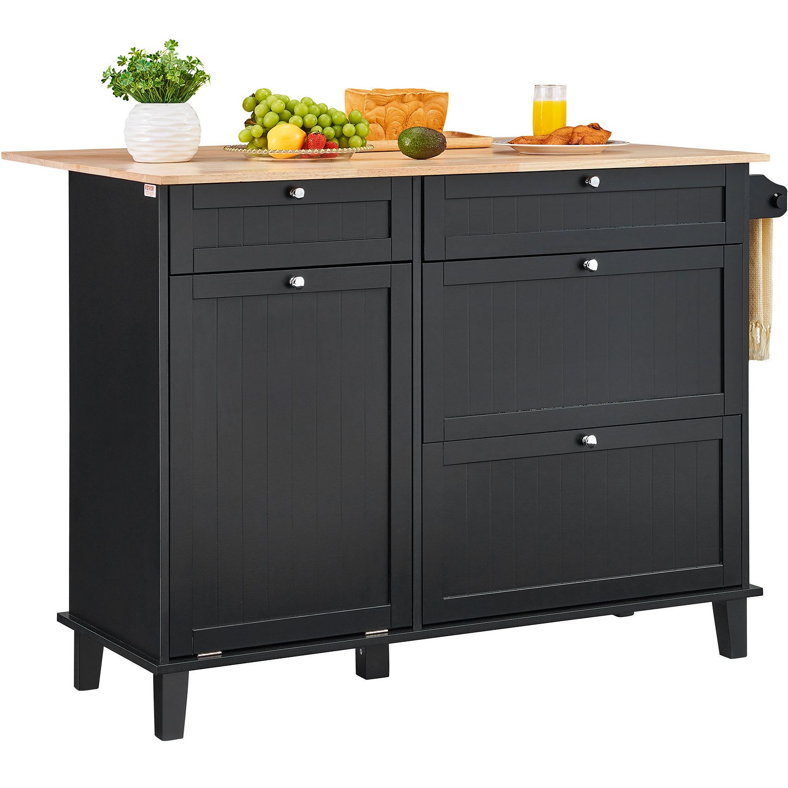 VEVOR Kitchen Island Cart, 128 cm Breakfast Bar with Wooden Top and Fold-Out Waste Bin, 10 Gal Storage, Farmhouse Dining/Living Room Table with Drop-Down Top, Towel Rail, Drawer, Black