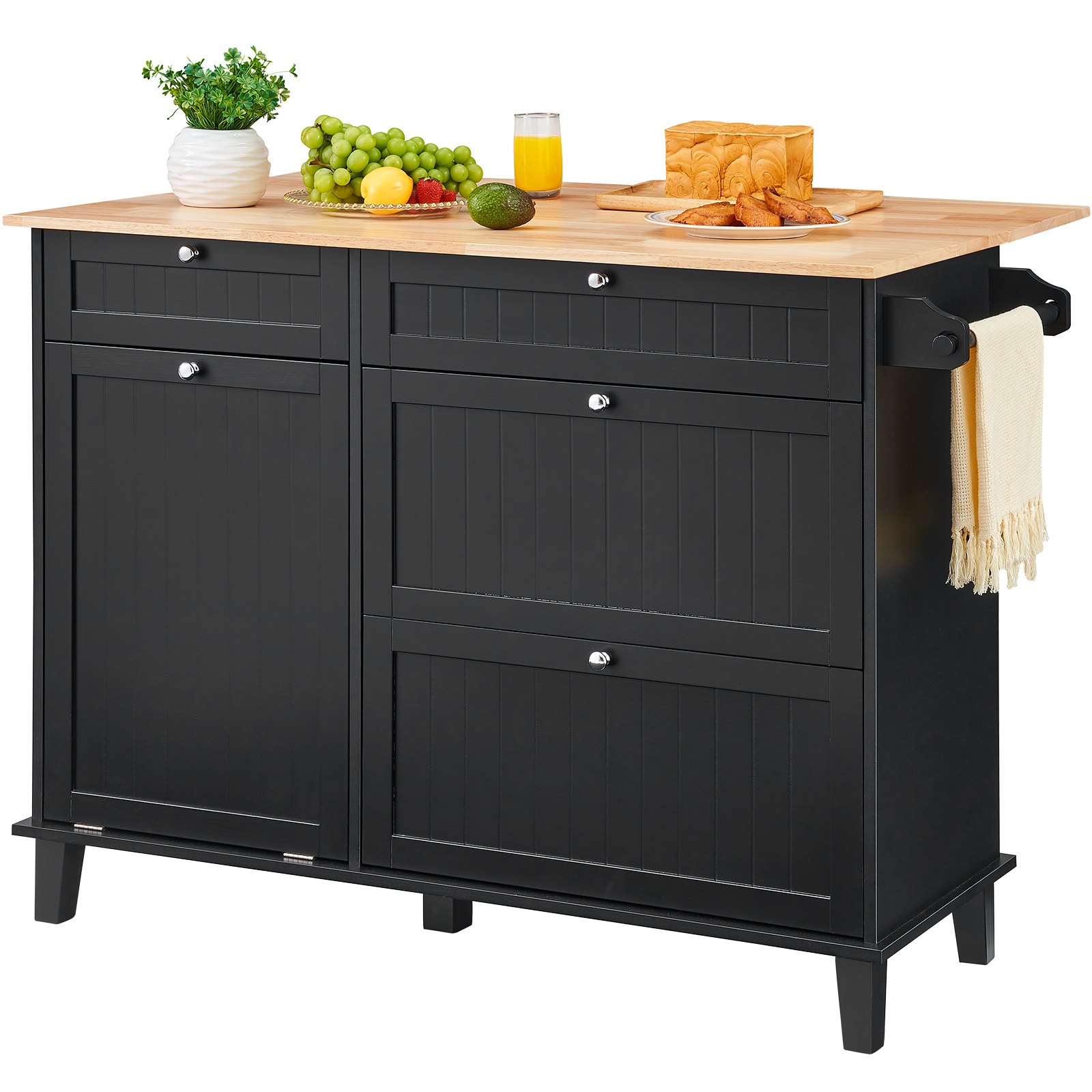 VEVOR Kitchen Island Cart, 128 cm Breakfast Bar with Wooden Top and Fold-Out Waste Bin, 10 Gal Storage, Farmhouse Dining/Living Room Table with Drop-Down Top, Towel Rail, Drawer, Black