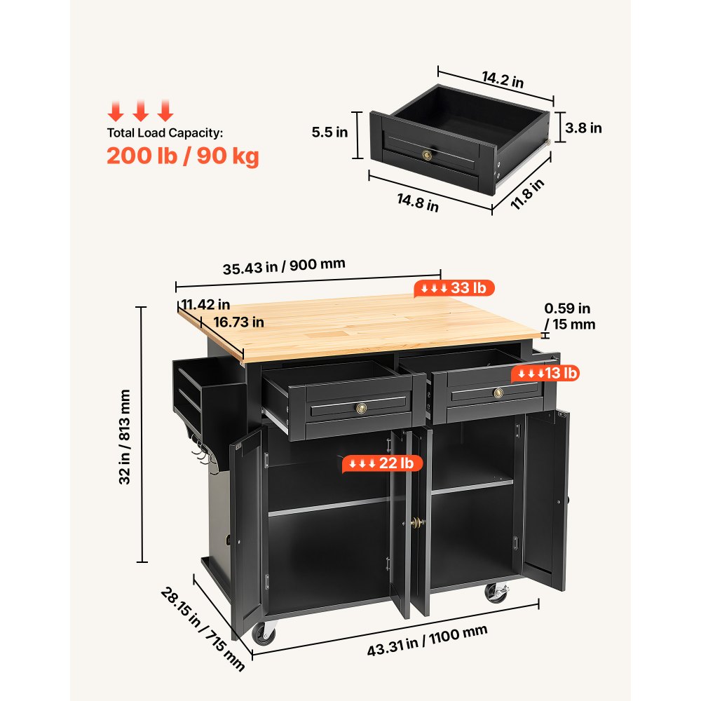 VEVOR - Isla de cocina portátil con ruedas, carrito de 43" con superficie de madera, gabinete de almacenamiento, mesa con ruedas con hojas abatibles, estante para especias, barra para toallas, estante ajustable, cajón y ganchos, islas portátiles con ruedas, color negro