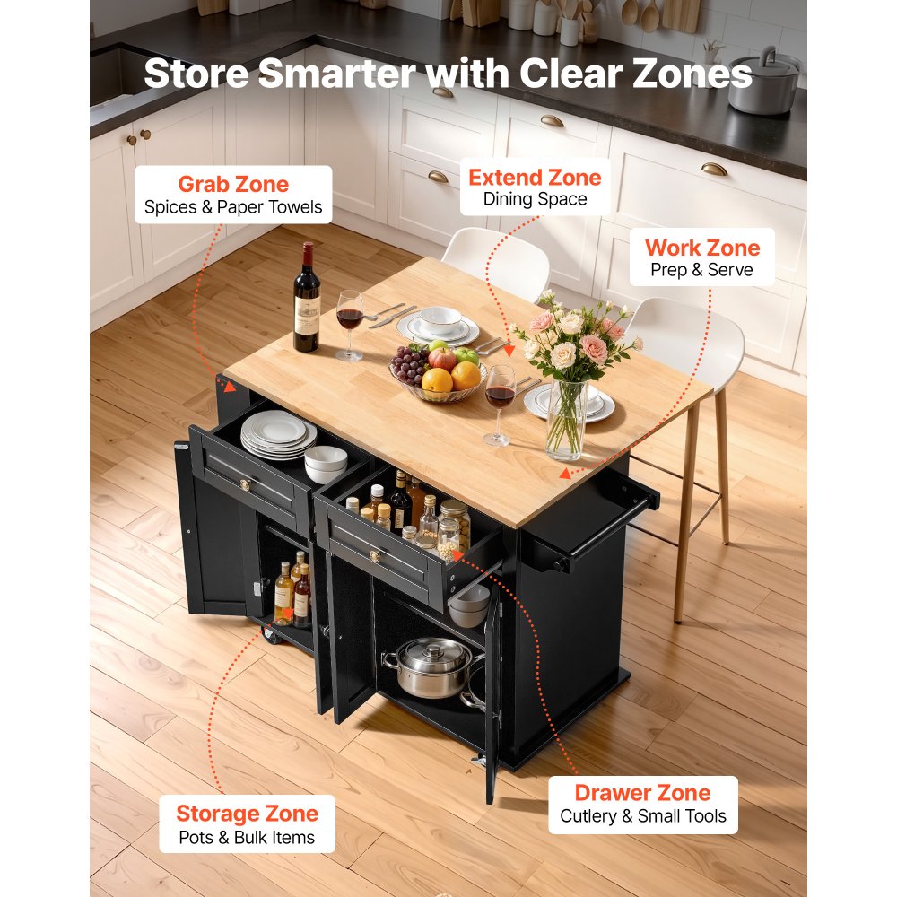 VEVOR - Isla de cocina portátil con ruedas, carrito de 43" con superficie de madera, gabinete de almacenamiento, mesa con ruedas con hojas abatibles, estante para especias, barra para toallas, estante ajustable, cajón y ganchos, islas portátiles con ruedas, color negro