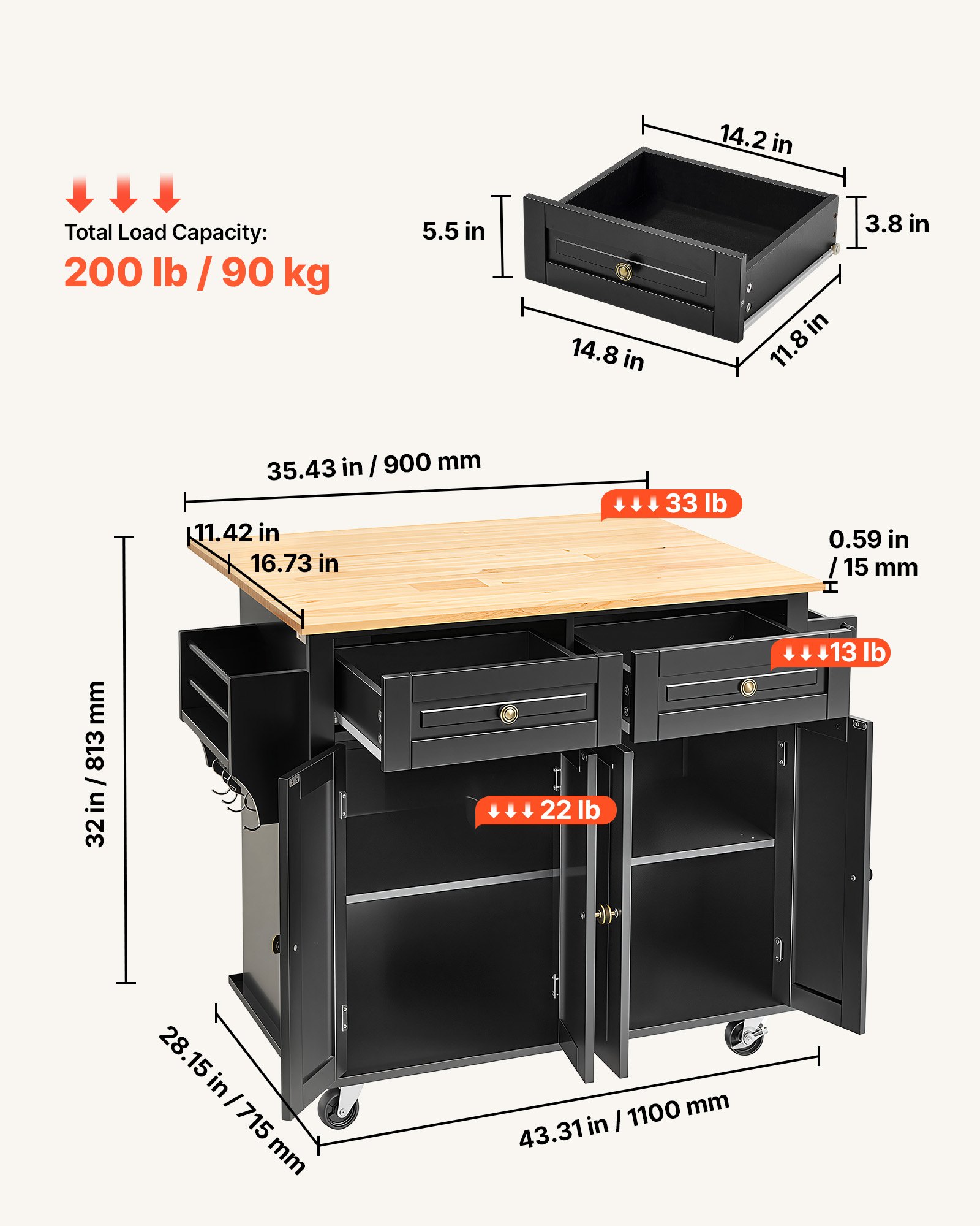 VEVOR - Isla de cocina portátil con ruedas, carrito de 43" con superficie de madera, gabinete de almacenamiento, mesa con ruedas con hojas abatibles, estante para especias, barra para toallas, estante ajustable, cajón y ganchos, islas portátiles con ruedas, color negro