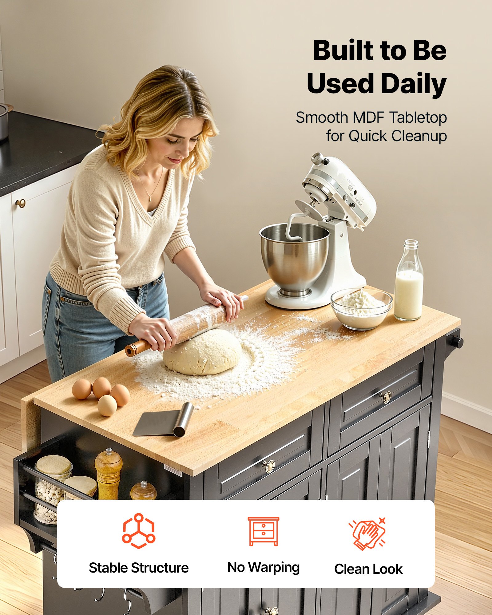 VEVOR - Isla de cocina portátil con ruedas, carrito de 43" con superficie de madera, gabinete de almacenamiento, mesa con ruedas con hojas abatibles, estante para especias, barra para toallas, estante ajustable, cajón y ganchos, islas portátiles con ruedas, color negro
