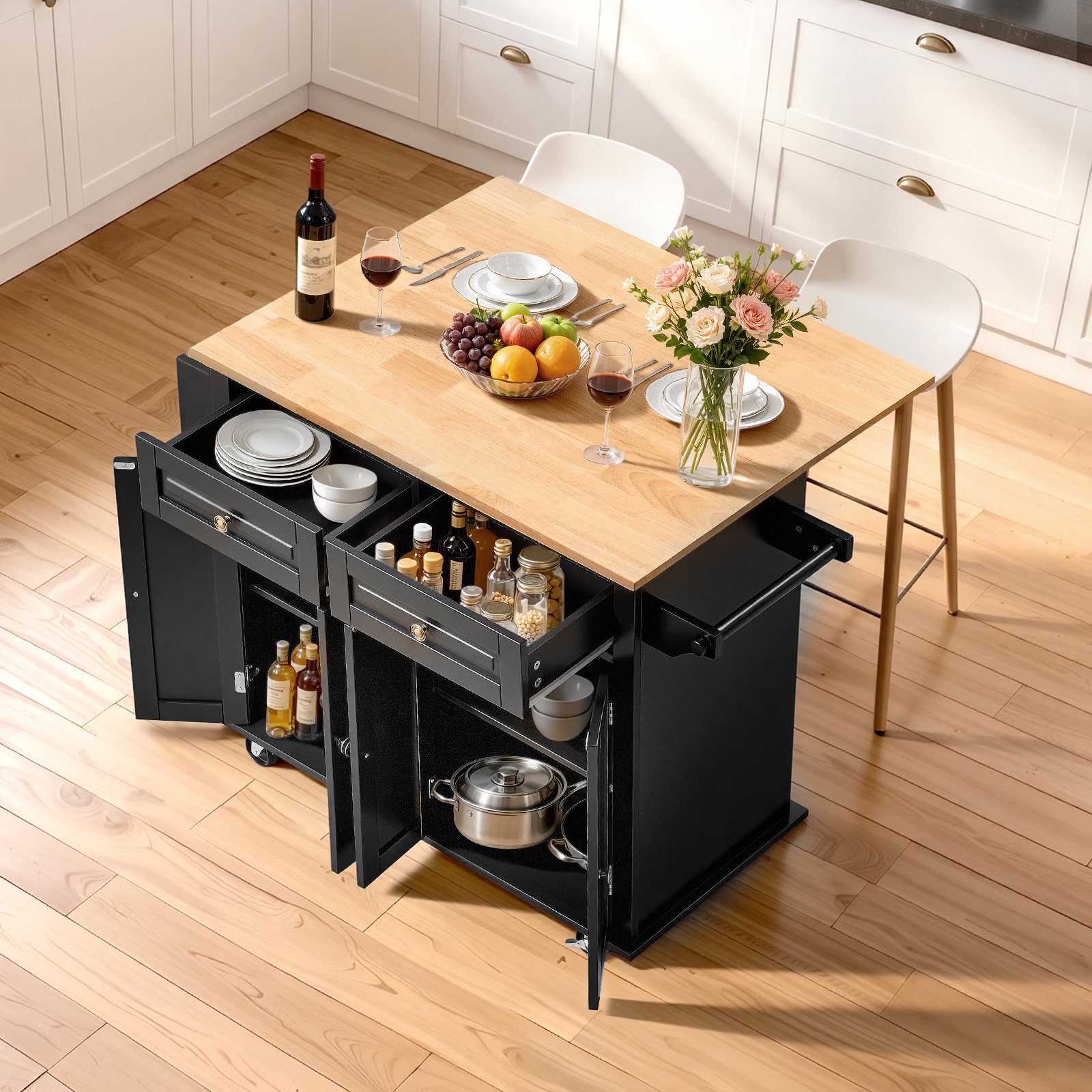 VEVOR - Isla de cocina portátil con ruedas, carrito de 43" con superficie de madera, gabinete de almacenamiento, mesa con ruedas con hojas abatibles, estante para especias, barra para toallas, estante ajustable, cajón y ganchos, islas portátiles con ruedas, color negro