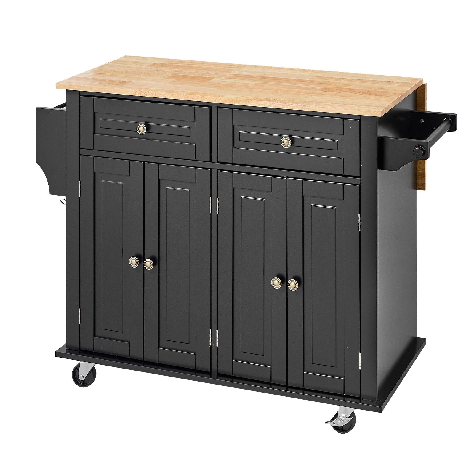 VEVOR - Isla de cocina portátil con ruedas, carrito de 43" con superficie de madera, gabinete de almacenamiento, mesa con ruedas con hojas abatibles, estante para especias, barra para toallas, estante ajustable, cajón y ganchos, islas portátiles con ruedas, color negro