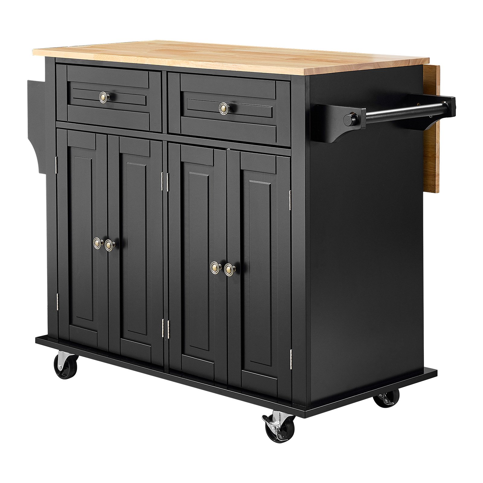 VEVOR - Isla de cocina portátil con ruedas, carrito de 43" con superficie de madera, gabinete de almacenamiento, mesa con ruedas con hojas abatibles, estante para especias, barra para toallas, estante ajustable, cajón y ganchos, islas portátiles con ruedas, color negro
