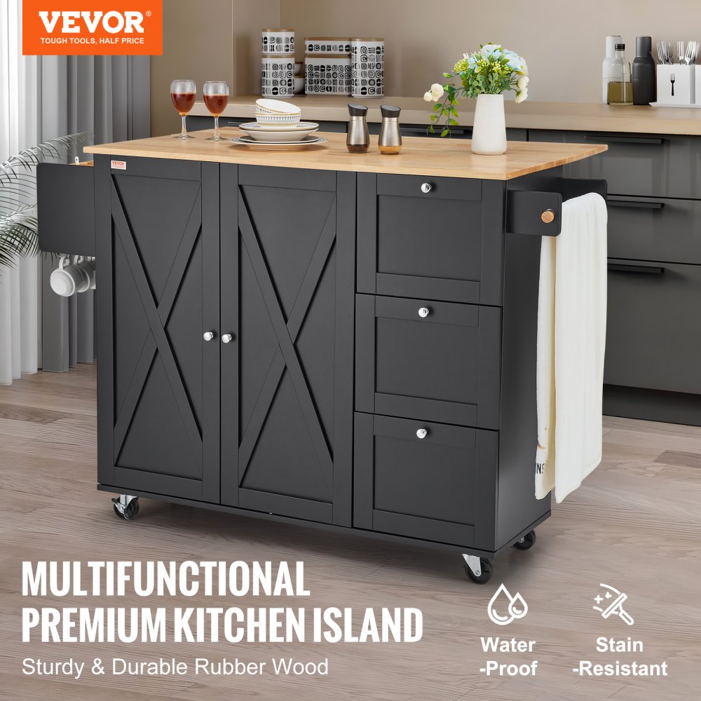 VEVOR Kitchen Island Cart, 143 cm Mobile Cart with Wooden Top and Storage Cabinet, Rolling Table with Folding Top, Spice Rack, Towel Rail, Adjustable Shelf, Drawer and Hooks, Portable Islands