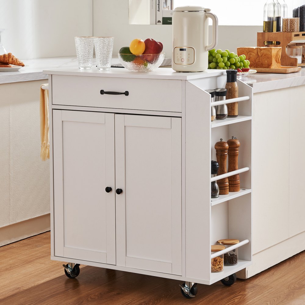 VEVOR Kitchen Island Cart, Mobile Cart with Storage Cabinet, Rolling Table with Power Outlet, Spice Rack, Towel Rail, Adjustable Shelf, Drawer, Portable Island on Wheels for Dining and Living Room 81 cm