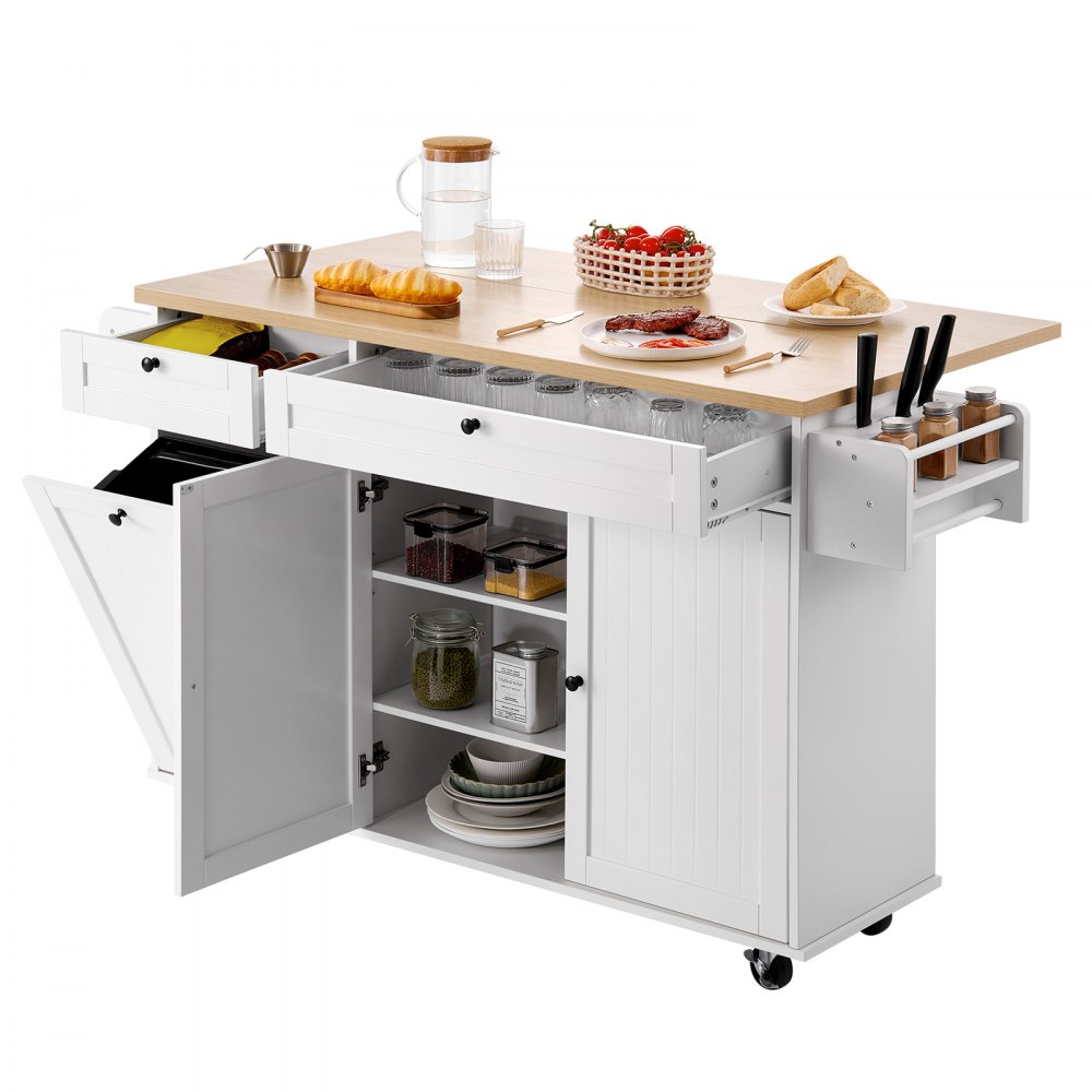 VEVOR Kitchen Island Cart with Storage, 153 cm Wide Mobile Kitchen Cart with Wheels, Drop Leaf, 2 Drawers, Trash Can Cabinet, Knife Holder, Spice Rack, and Towel Rack, Table for Dining Room, Pantry